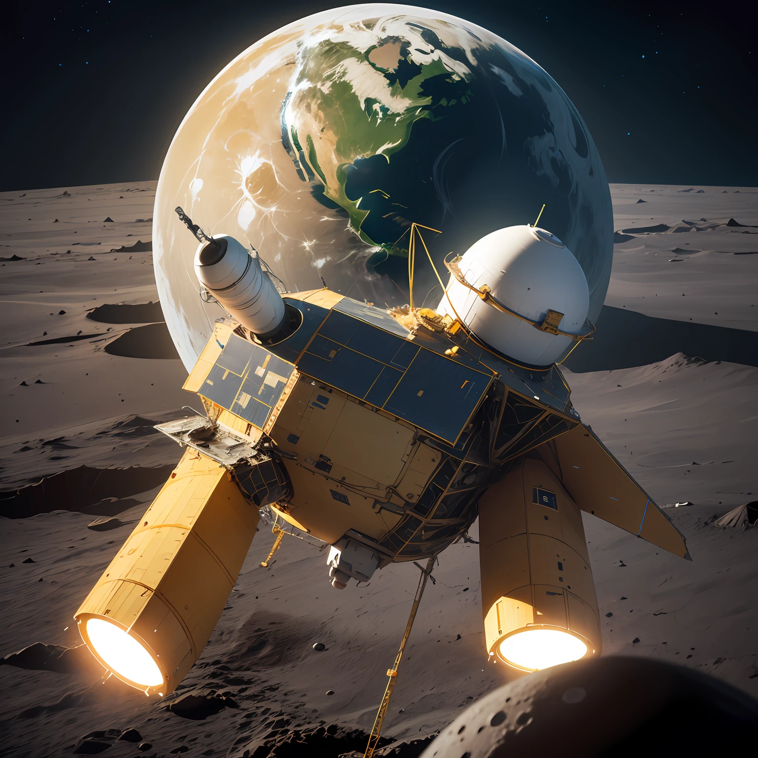 A spacecraft with a sense of technology floats on the moon and looks at the Earth --auto