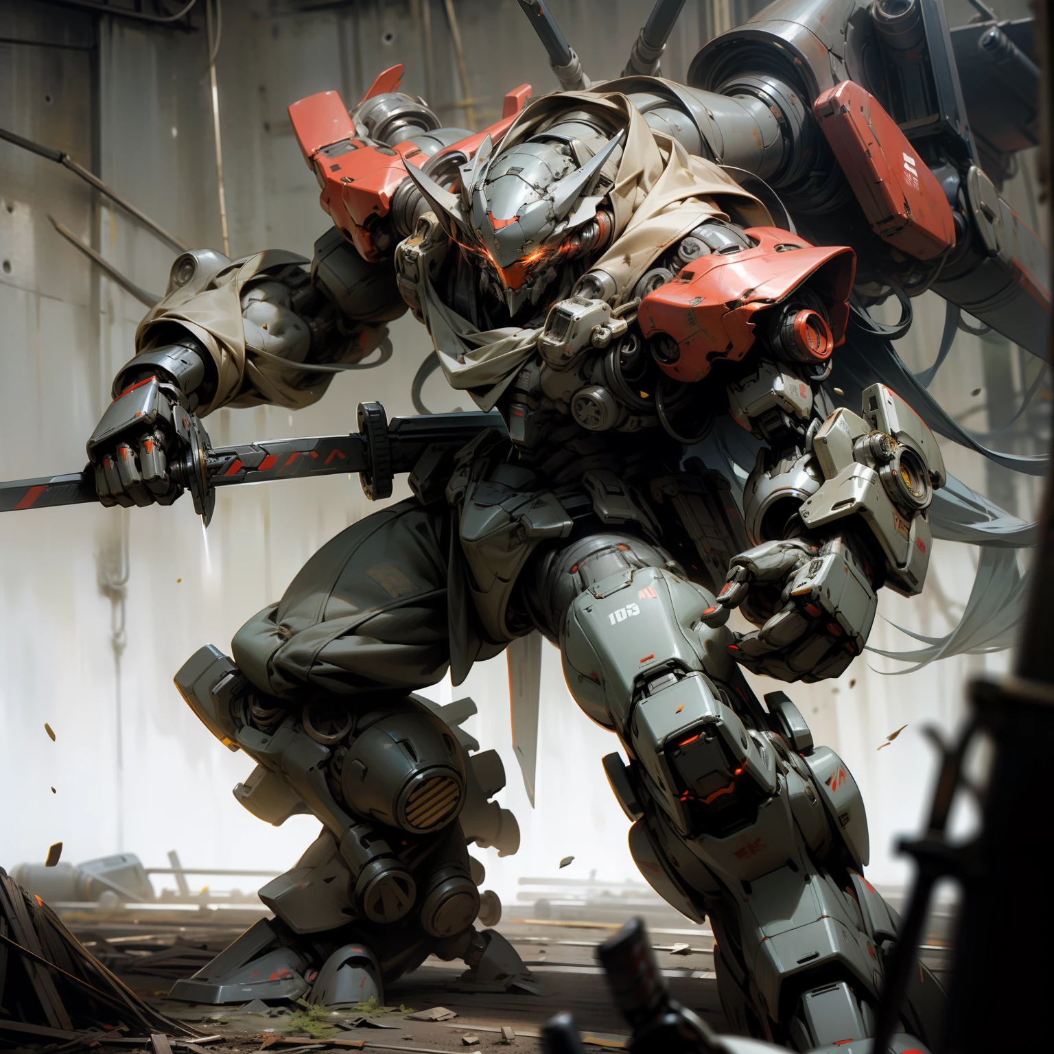 Mechanical sword weapon on his back Robot fighting posture Fists clenched Cool posture War background Dilapidated environment Dark background light Strong contrast between light and shadow on the robot Glowing eyes Mecha Mecha Severely damaged Realistic Red and black