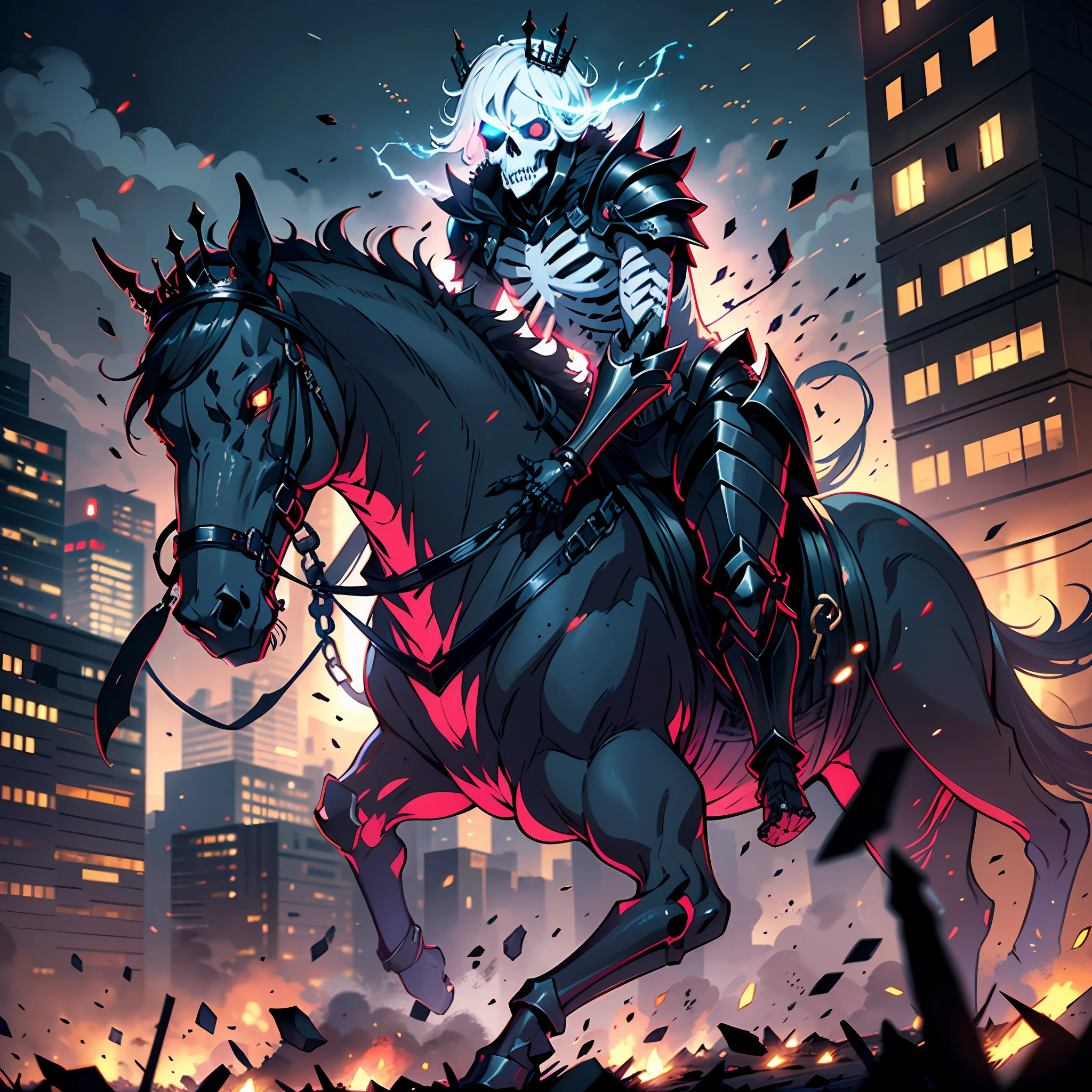 Anime humanoid monster,jet black armour,death knight,riding on a horse,king of the undead, skeleton,skull face,wearing a crown, cowboy shot, close up shot, creating a crack in reality, powerful aura, destroyed city,dark,night,8k,64k, HD, unparalleled masterpiece, dynamic lighting, cinematic, epic