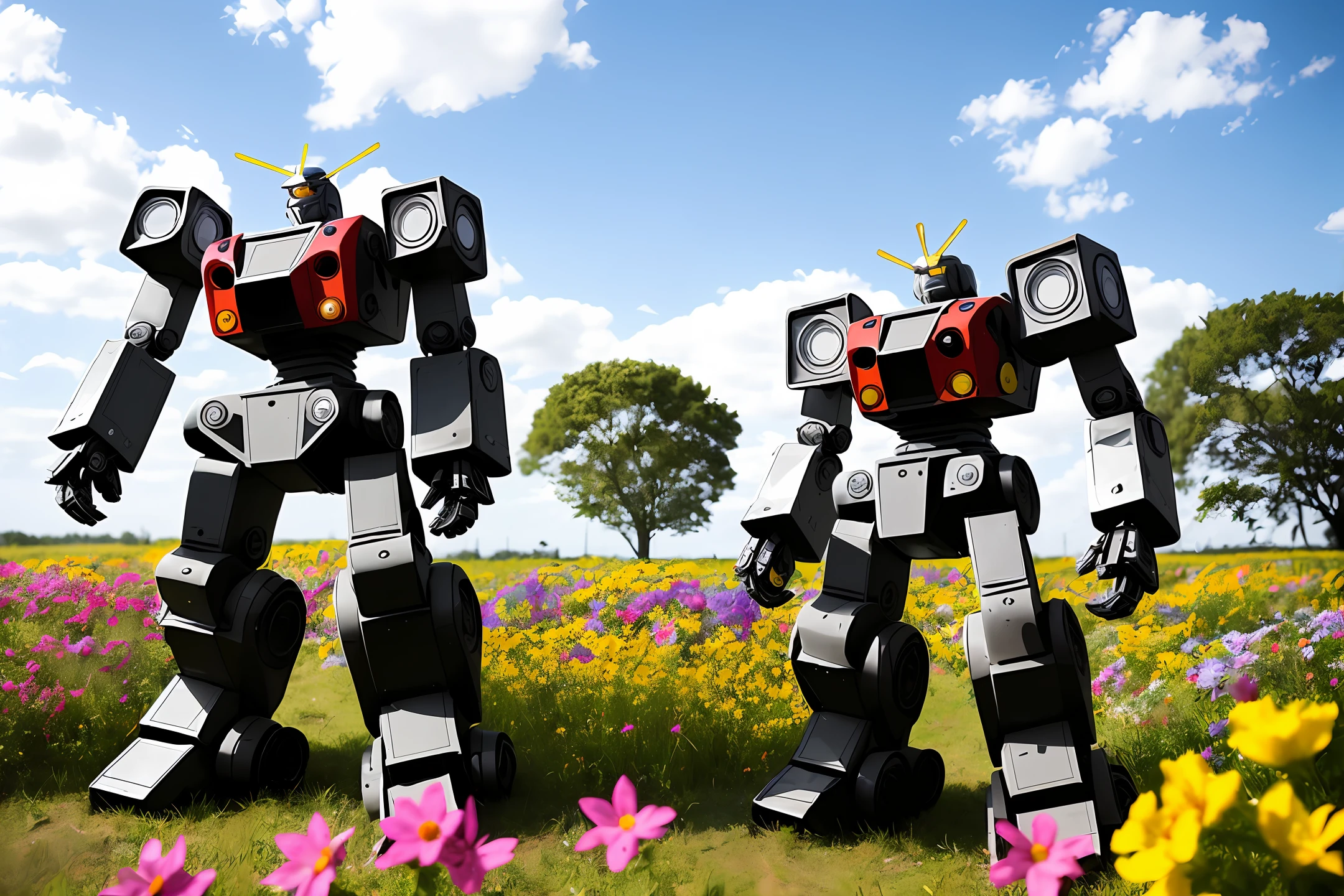 Male battle robot with bright flowers