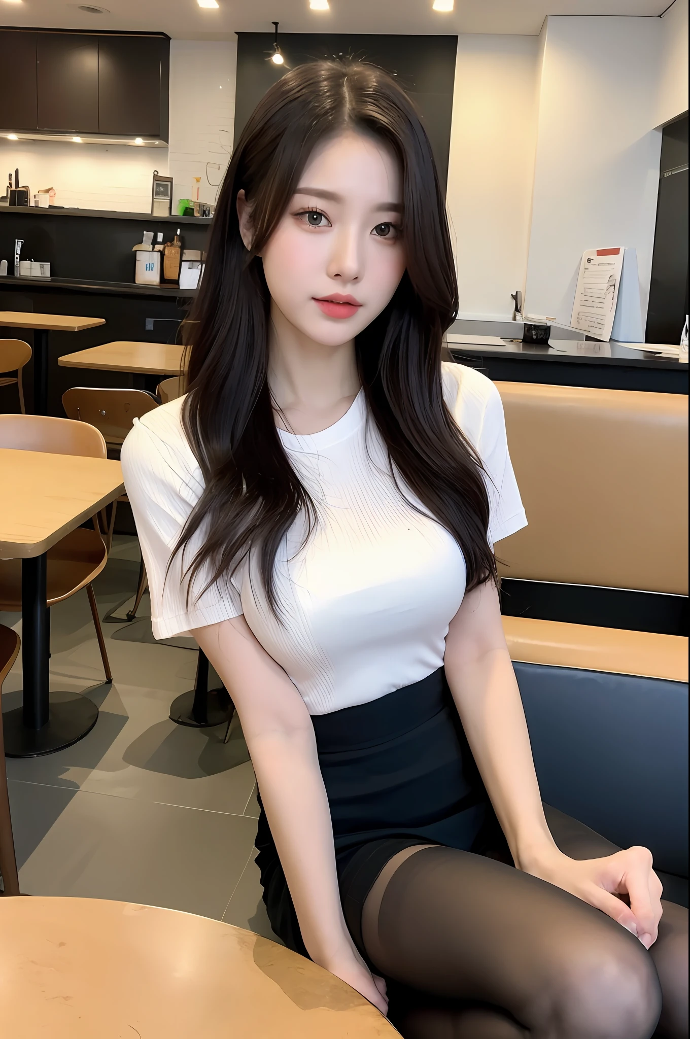 （realisticlying， A high resolution：1.3）， 1 girl with a perfect body， Super fine face and eyes，length hair， White crewneck short sleeves：1.2， Short black pleated skirt， in a cafe， Sit on the sofa， large tities，7 points，Flawless long legs，Thin leg，（（Black tights）），Place your hands between your legs