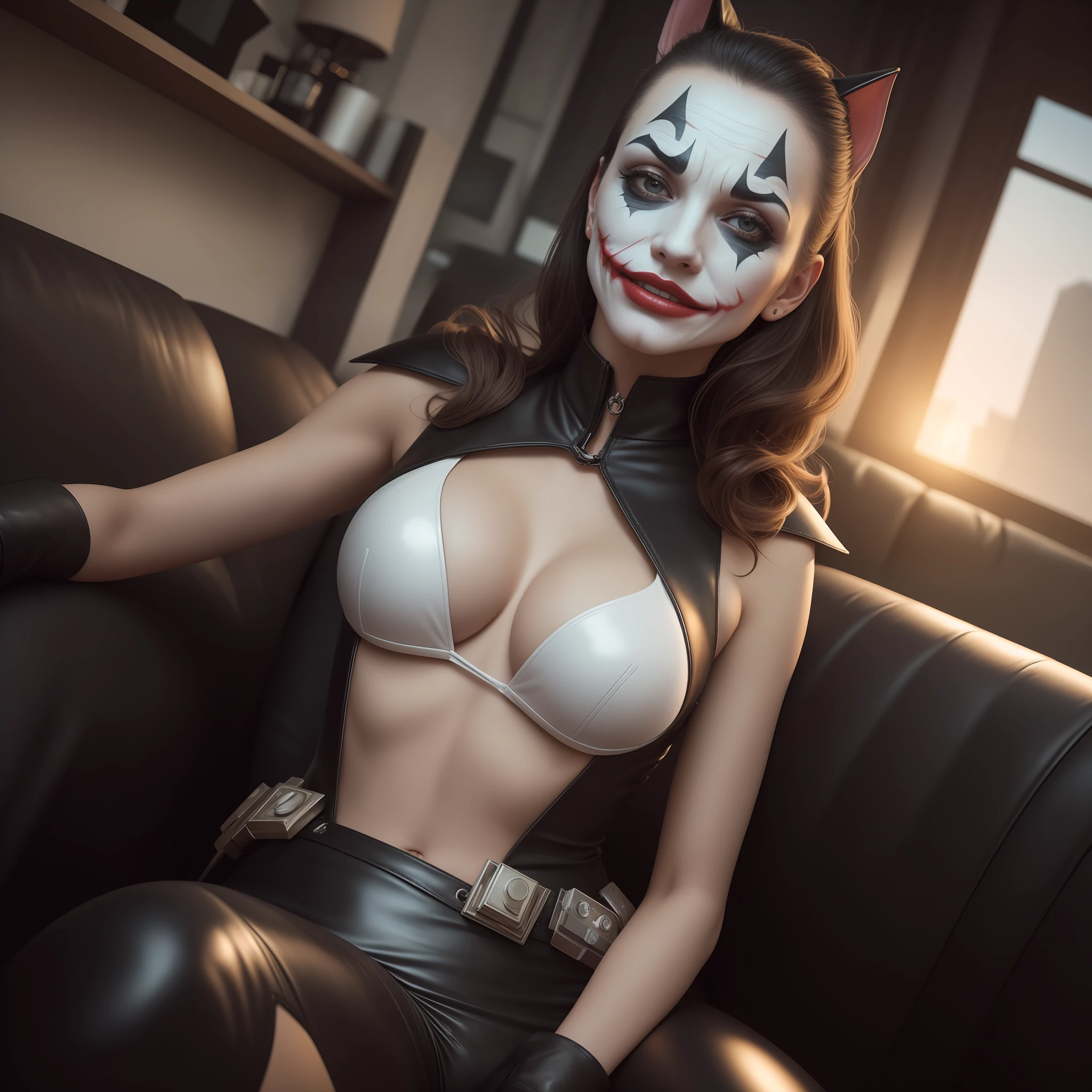 Portrait of Joker woman, . RAW, Masterpiece, Ultra fine photo,, Best quality, ultrahigh resolution, photorealistic, sunlight, Full body portrait, unbelievably beautiful,, dynamic poses, delicate face, Vibrant eyes, (profile) , she wears a futuristic Batman costume, tight leather pants, High collar top, off the shoulders, Batman ears, sitting on a leather sofa, Highly detailed background, Detailed face, Detailed busy background, Messy, splendid, milky white, High detailed skin, Realistic skin details, Visible pores, sharp focus, volumetric mist, 8k UHD, DSLR, high quality, Film grain, clear skin, Photorealism, lomography, in a future dystopia sprawling metropolis, Seen from below, Translucent