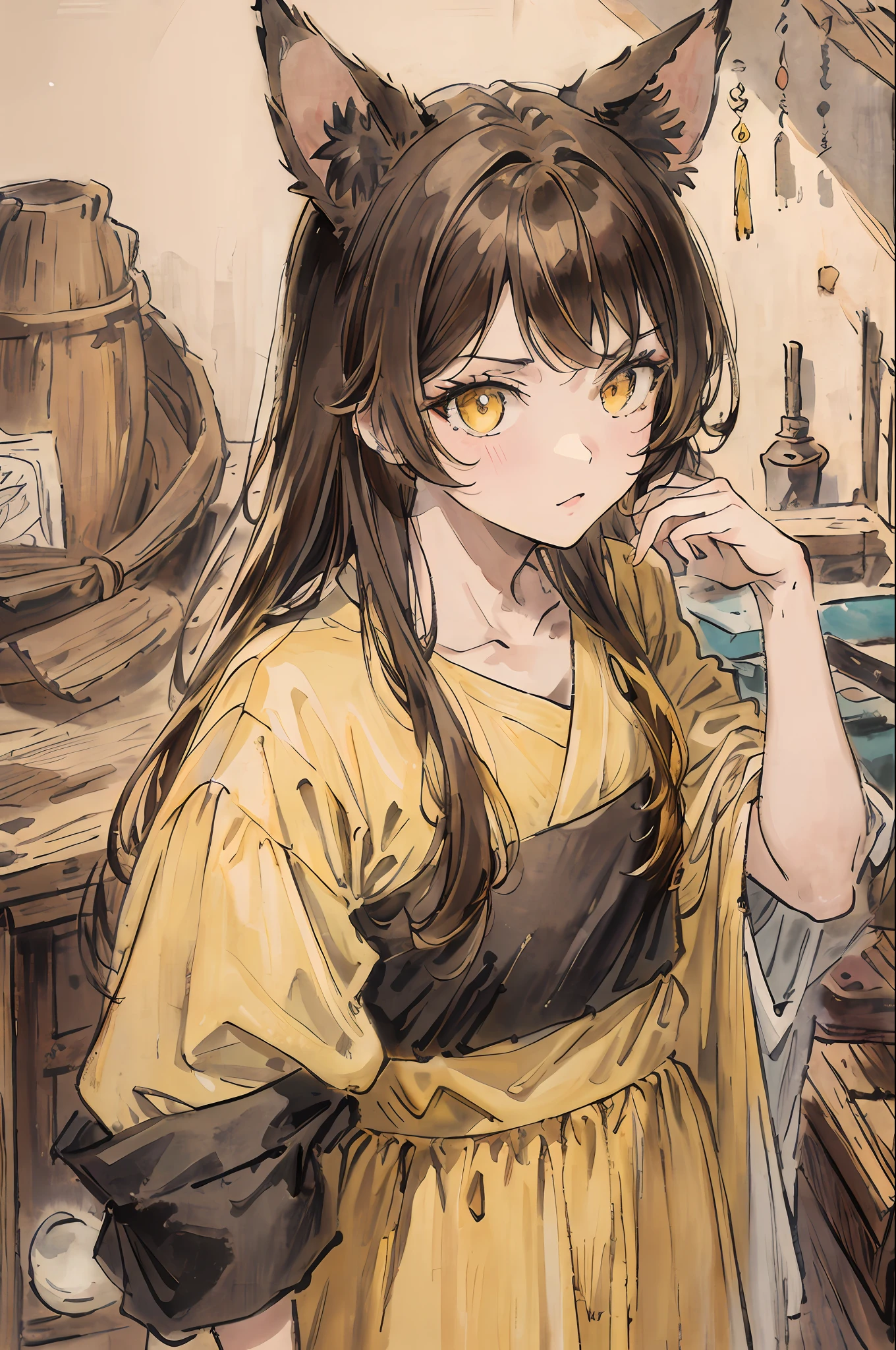 World Masterpiece Theatre,a beauty girl,super-fine,A brown-haired,Brown picks dye yellow hair,brown hair,Yellow eyes,Round eyes on top,middle parted bangs,There is ash on the face,There is a flush on the face,Beaver cat ears,Fierce temperament,A high resolution,Need,1girll,illustratio,Doing carpentry, impasto, canvas, oil painted, Realistic, Realist,Real,yellow clothing