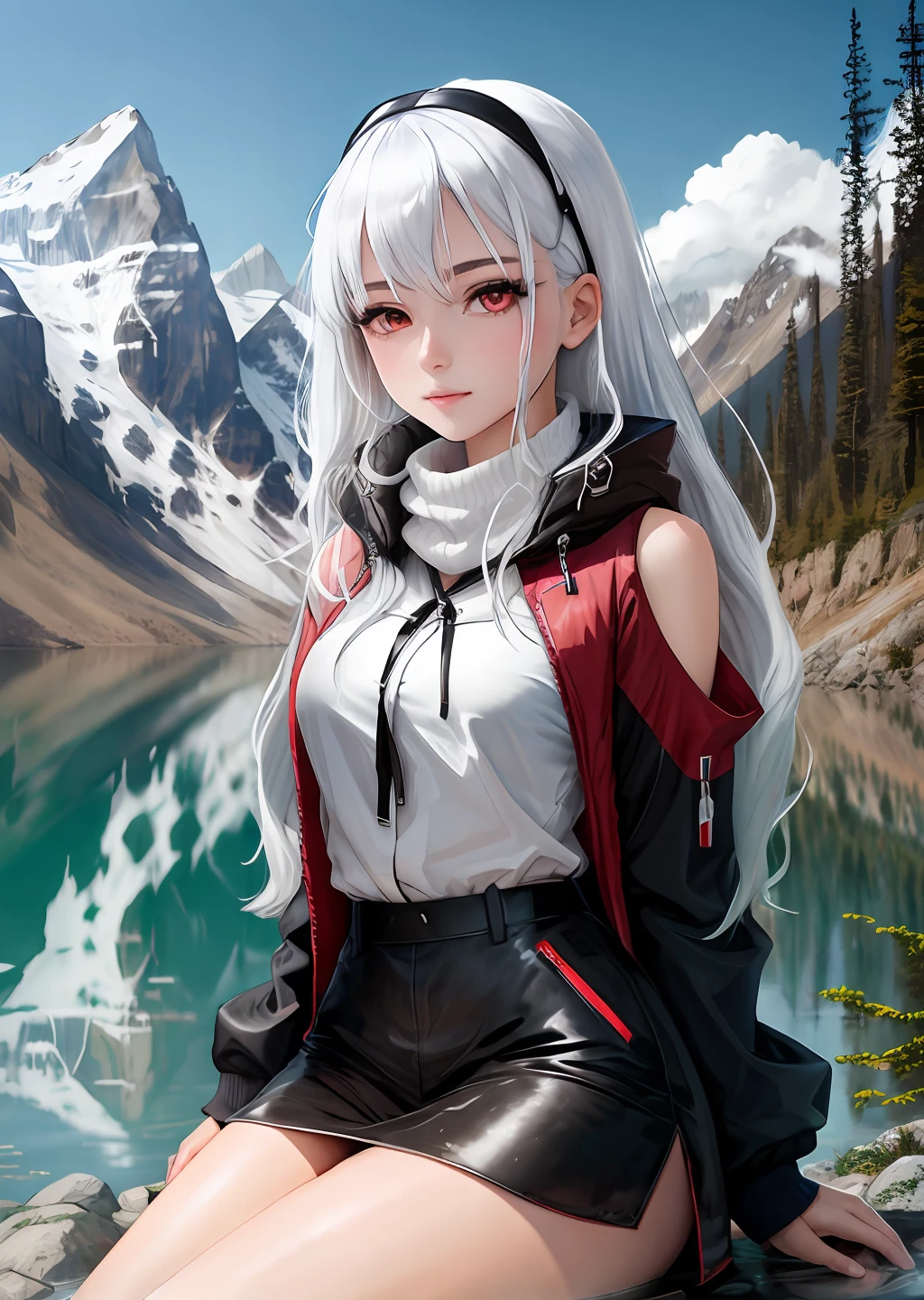 Beautiful girl with white hair and red eyes，The upper part of the body，tmasterpiece，mountain water，Pure