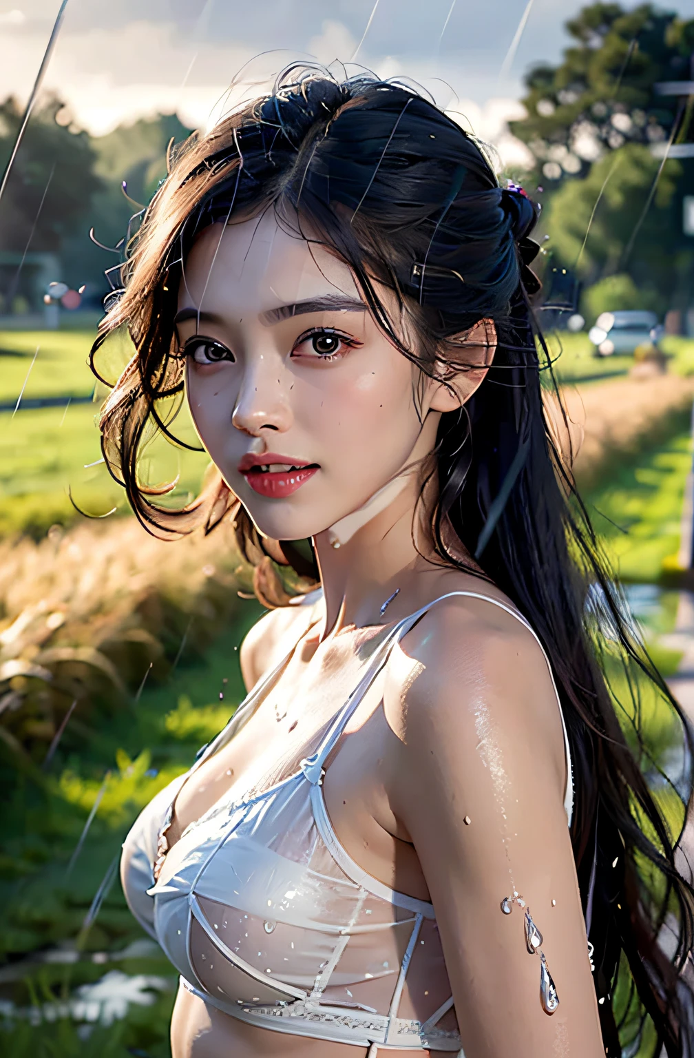 best qualtiy、masterpiece、photoRealstic、intricate-detail、Raw foto、Photon Rendering、Octane Rendering、absurderes、ultra-detailliert、A detailed face、Detailed skin、Trending in art stations、8K Masterpiece、lighting like a movie、( (1girl in))、((独奏) ))、((Behold))、CG Social Trends、Plastic En、((Black Long Hair))、((Beautuful Women))、(A smile)、show the grinps、Upper teeth、Fashionable、summer clothing、Hair that flutters in the wind、((Flowing hair))、fashion magazine、(A sexy)、((lighting like a movie))、((grass field))、((a heavy rain))、((stormy))、((Wet with rain))、((wetted skin))、((wetting hair))、((Wet clothes))、((Drenched))、((Underwear is see-through))