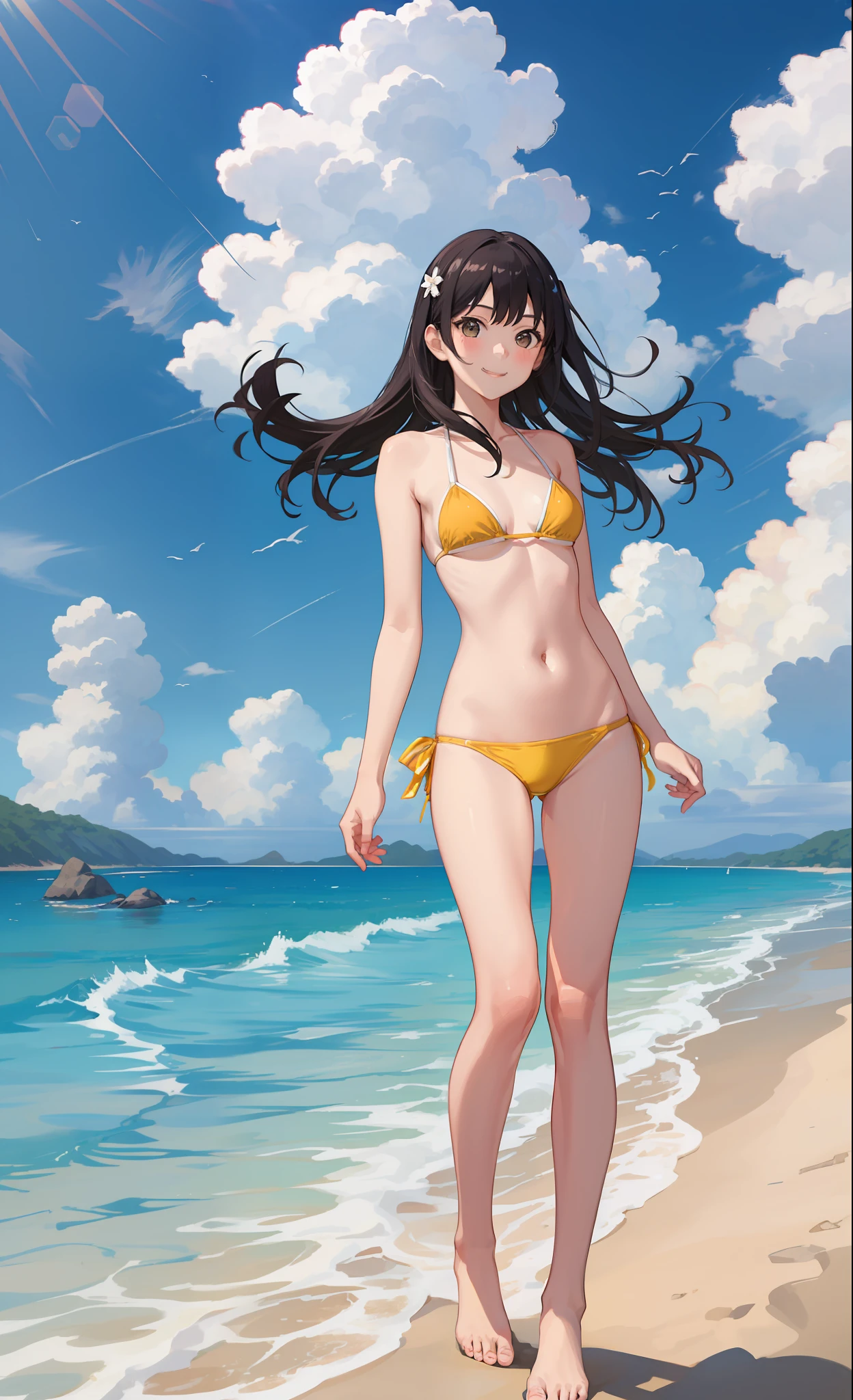 1girl in、A smile、(small tits)Chilarism、夏天、Mare、sea bathing、(Wearing a yellow bikini swimsuit)、Beach、the wind、suns、Portrait from the knee up、