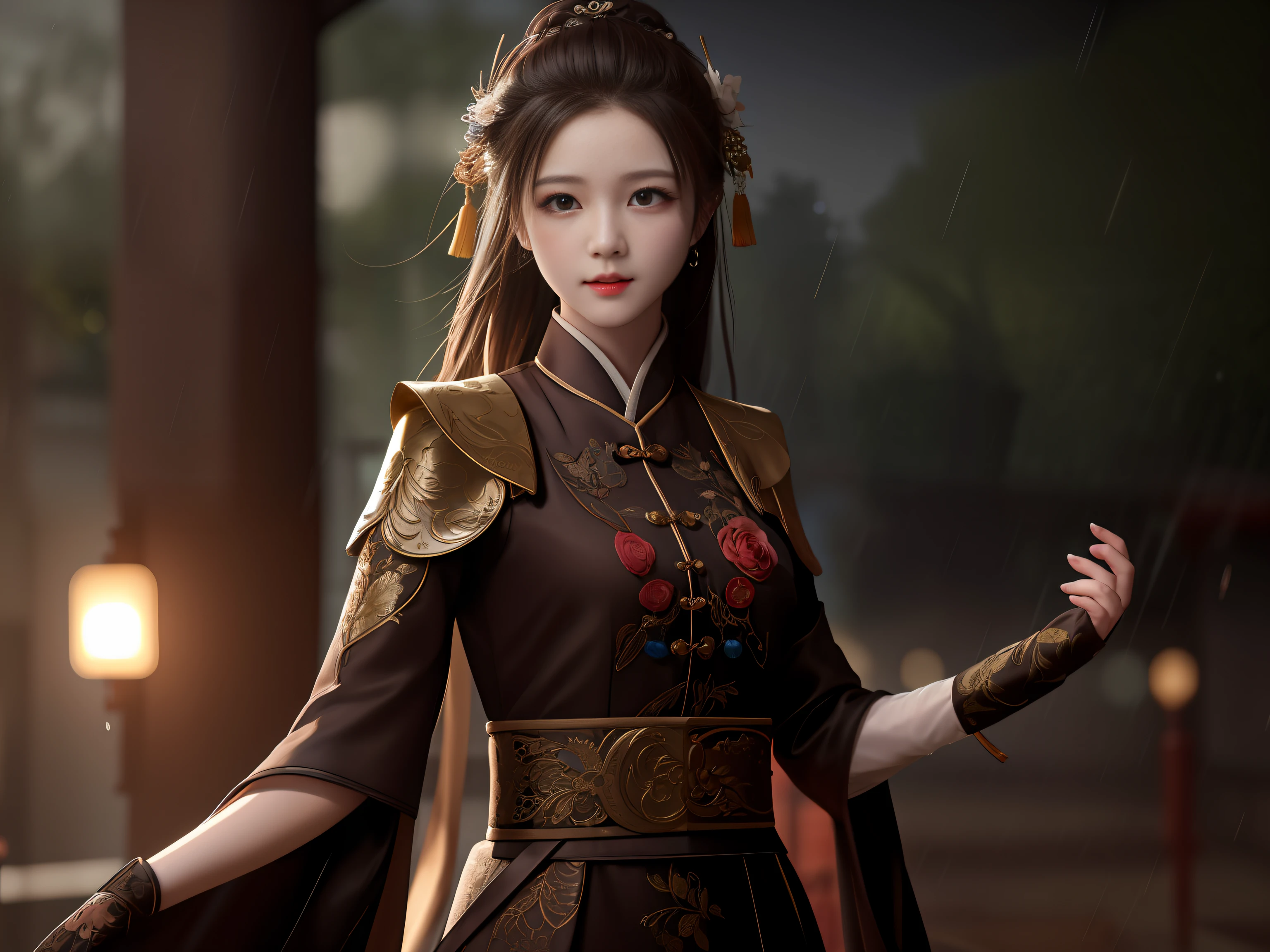 masterpiece,highres, 8k,realistic,highest quality,intricate detail,best texture,realistic,8k,soft light,perfect shadow, 
falling rain,wind,wet,pavilion,Courtyard,corridor, empty street, erjie,1girl,hanfu,street shot,from everywhere,