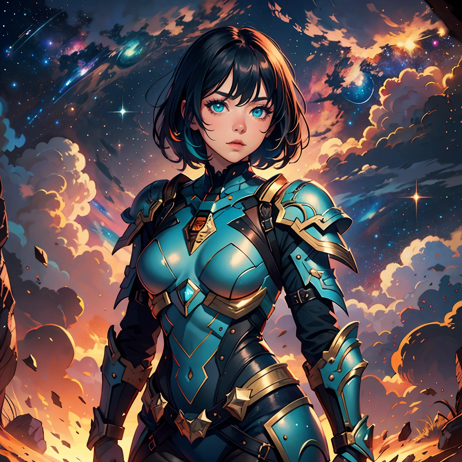 girl, wildly short hair, dark fantasy, warm turquoise color, armor, standing, space nebula background, stars, galaxies, masterpiece, juicy contrast, cheerful mood, pro CGI dvArch Modern, 85 mm, f1.8, portrait of a, photo-realistic, A hyper-realistic, orange, Ultra-detailed, intricate, dramatic, Sunset lighting, eye shadow, wide dynamic range