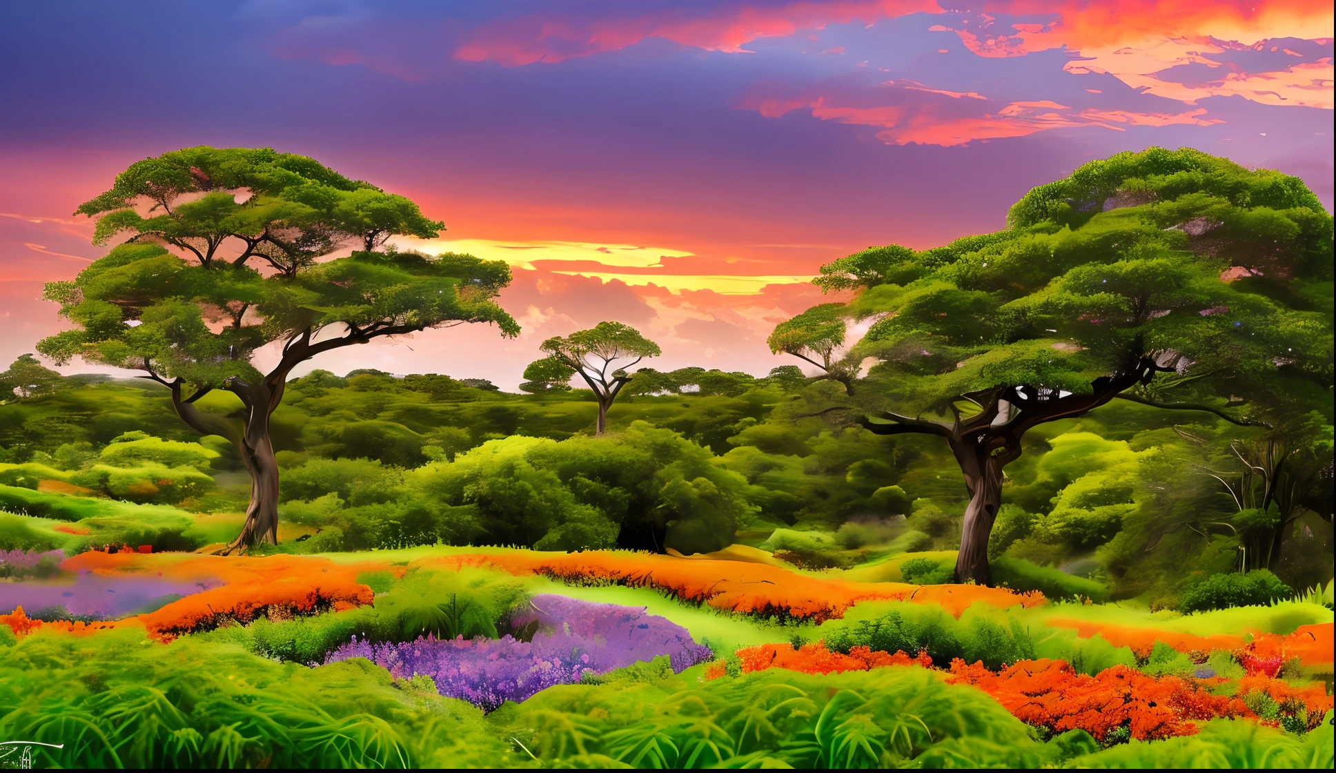 A lush fantasy landscape full of strange and fantastic creatures that do not exist in real nature. En primer plano, A majestic twisted tree with a silver trunk towers over the scene, con hojas que parecen hechas de esmeraldas brillantes. Under the tree, un arroyo serpenteante fluye sobre rocas cubiertas de musgo multicolor. En la orilla opuesta, se ve a un solitario unicornio plateado bebiendo del arroyo, con su cuerno en espiral capturando los rayos de luz del sol poniente. Further, Rolling hills stretch to the horizon under skies tinged violet and orange. Tiny fairies with dragonfly wings flutter among ferns and exotic flowers. Cada elemento de la escena se renderiza con asombroso hiperrealismo y detalles infinitos --auto