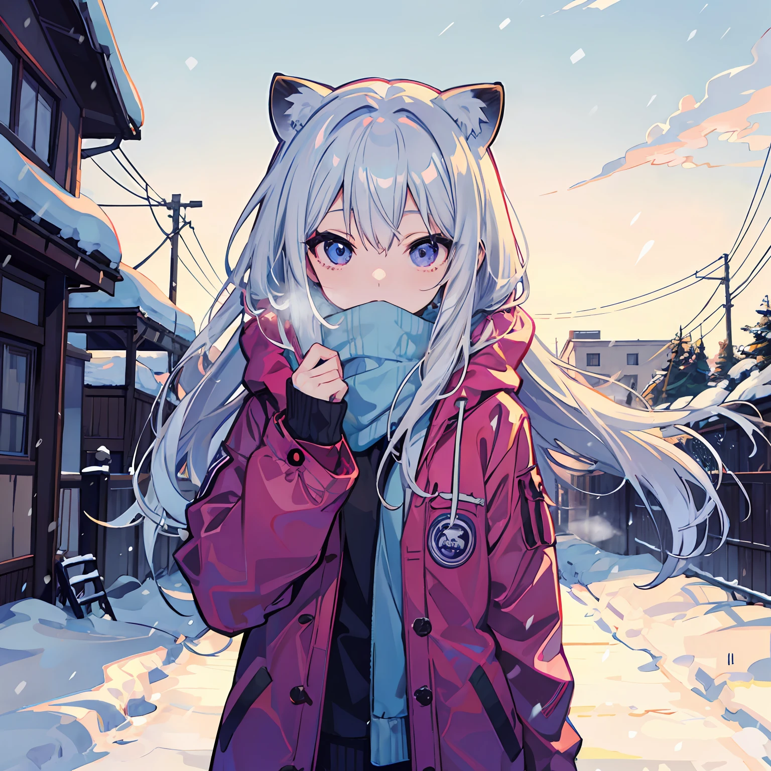 Raccoon Eared Girl　snow country　kou　yuki　snow blowing　morning　Freezing　Cold face