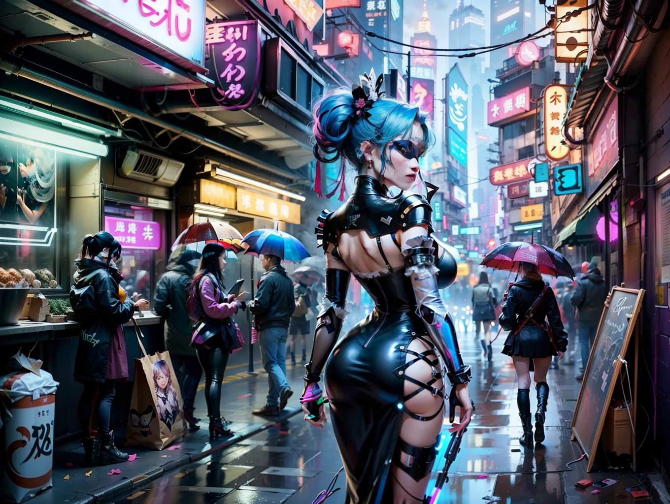 （tmasterpiece，Top  Quality，best qualityer，offcial art，Beauty and aesthetics：1.2），（1girll：1.4），Full body photo，（[Pink big breasts|blue colors]the hair：1.5），extremy detailed，（s fractal art：1.3），（a color：1.5），highest details，（Mechanical modifications：1.3），（Modify：1.2），s girl，（Complex mechanical catheters are inserted into the back：1.5），catheter，（neon light background：1.4），（Neon City：1.75），the night，big cleavage breasts，Hong Kong，Neon signage Chinese Traditional，Passers-by in the street are marching（Gothic_Loli.2），high-heeled，putting makeup on，Blushlush，Holding a black umbrella（cyber-punk：1.4），（（looki at viewer：1.3）），（（Look back）），（Sofia Boutella：0.95）