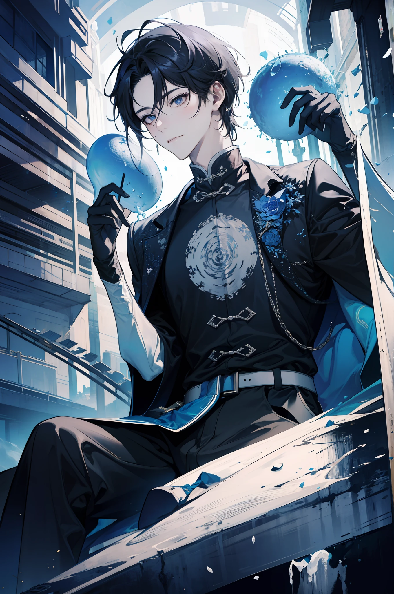 （hoang lap，A high resolution，ultra - detailed），1male people，AS-Adult，Handsome，Tall muscular man，a broad shouldered，finely quality eyes，rnlong hair，fanciful，Intricate patterns，详细的脸，，Magic effects，best ratio four finger and one thumb，icey，Bitter cold，cold snap，（Dutch angle），Keep one's mouth shut