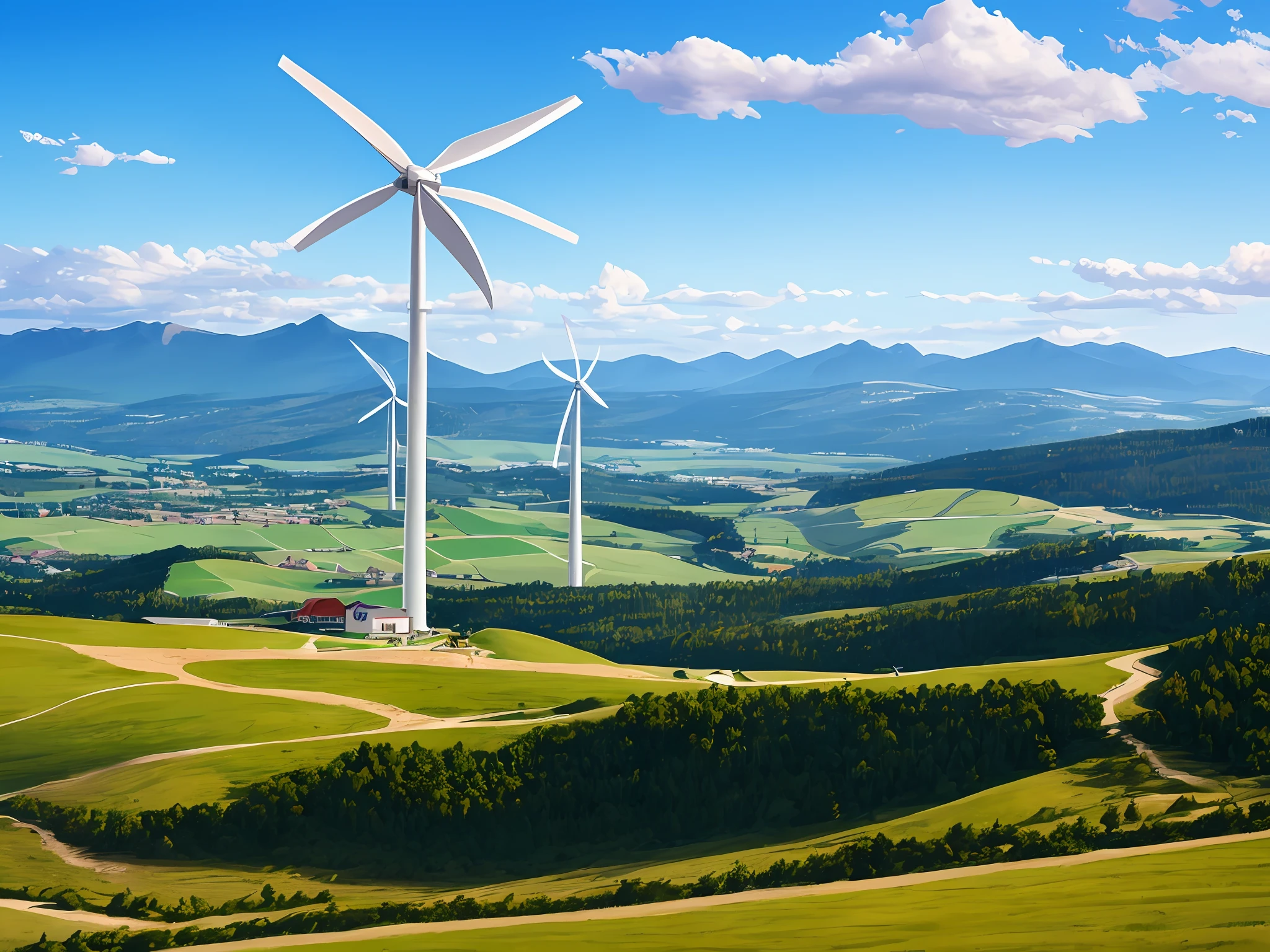 Arafede windmills on the hill，There is a city below, Wind turbines, the photo shows a large, turbines, Wind, renewable energy, with the mountains in the background, windmills, very long shot of a windmill, with the mountains in the background, winds, author：Tom Wenerstrand, with the mountains in the background, windmills, moutain in background --auto