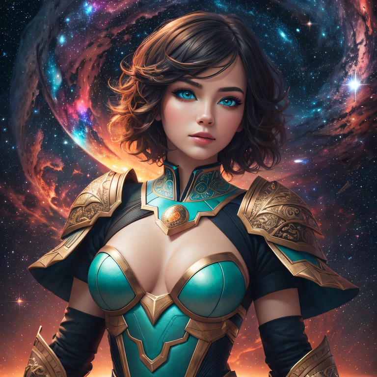 girl, wildly short hair, dark fantasy, warm turquoise color, armor, standing, space nebula background, stars, galaxies, masterpiece, juicy contrast, cheerful mood, pro CGI dvArch Modern, 85 mm, f1.8, portrait of a, photo-realistic, A hyper-realistic, orange, Ultra-detailed, intricate, dramatic, Sunset lighting, eye shadow, wide dynamic range