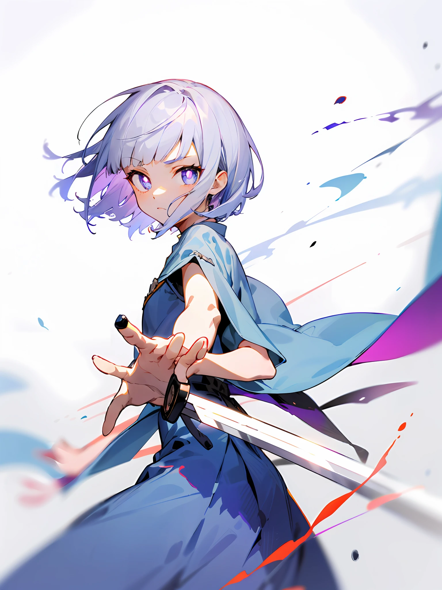 anime girl with a sword and a blue dress, white-haired god, short detailed hair, whaite hair,Itomi Sayaka,The knife makes it a witch,Purple pupils,Hand-held sword,Small dullness,Elongated bangs,tmasterpiece