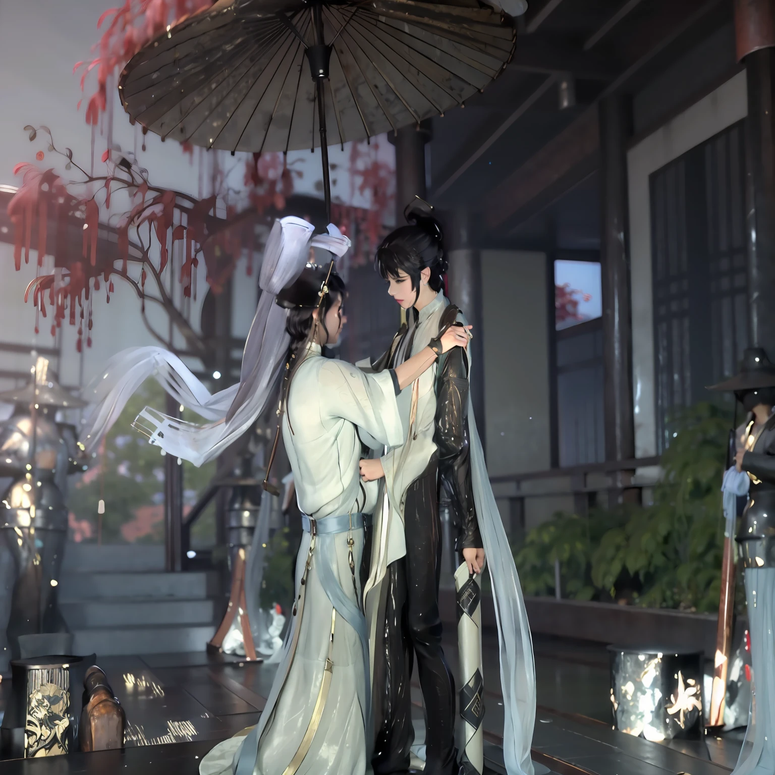 anime characters dressed in traditional japanese clothing walking in the rain, full-body wuxia, wearing a long flowing robe, flowing white robe, wearing kimono armour, pale and coloured kimono, elegant cinematic pose, yiqiang and shurakrgt, White Hanfu, wearing kimono armour, floating robes, Wuxia, nixeu and sakimichan, wearing white robes with! --auto