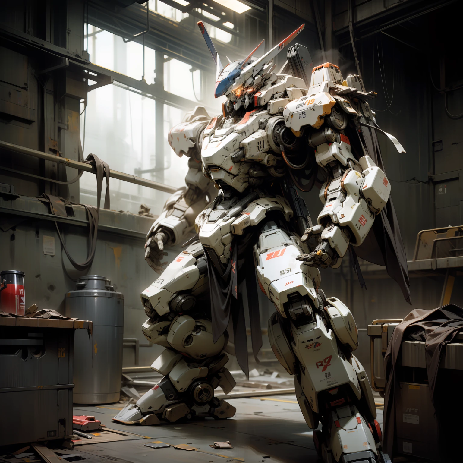 Handheld machine gun Robot fighting stance Cool posture War background Dilapidated environment Dark background Light on the robot Strong contrast between light and shadow Eyes glowing Mecha Mecha Severely damaged Mecha Realism Red and black