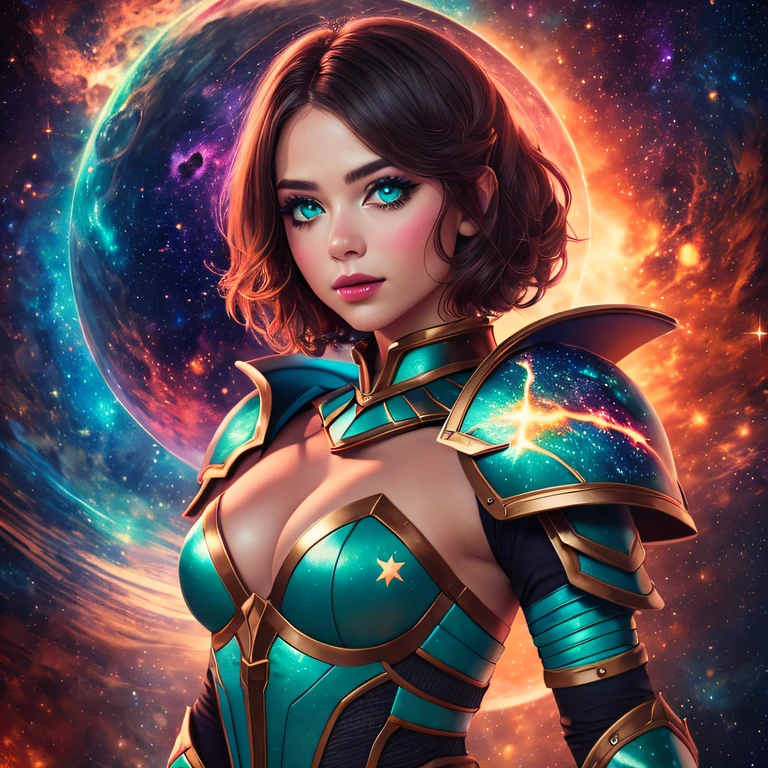 girl, wildly short hair, dark fantasy, warm turquoise color, armor, standing, space nebula background, stars, galaxies, masterpiece, juicy contrast, cheerful mood, pro CGI dvArch Modern, 85 mm, f1.8, portrait of a, photo-realistic, A hyper-realistic, orange, Ultra-detailed, intricate, dramatic, Sunset lighting, eye shadow, wide dynamic range