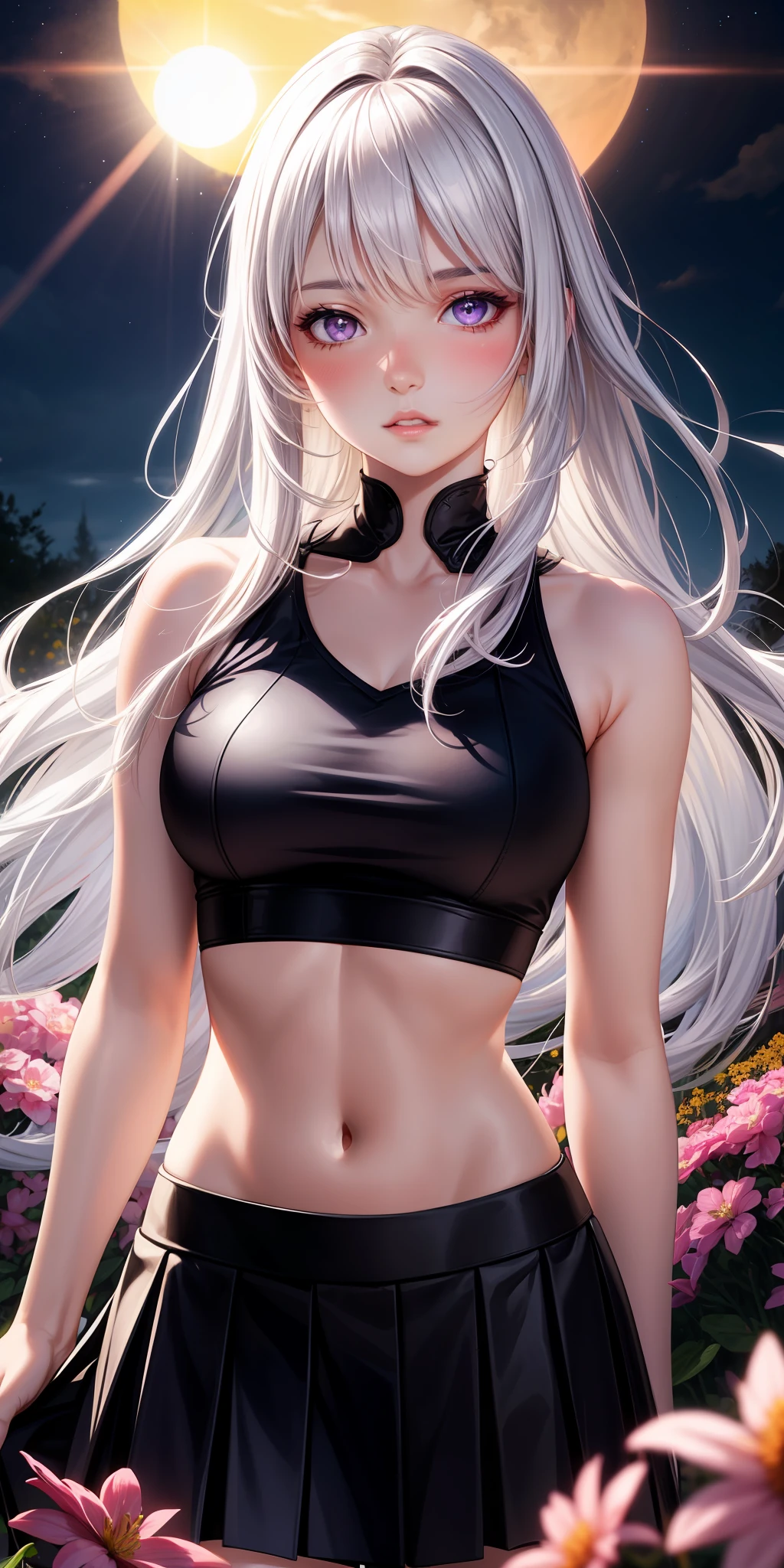 realistic, 1girl, white hair, purple eyes, glowing eyes, crop top, skirt, parted lips, blush, night, flowers, sun, sunlight,