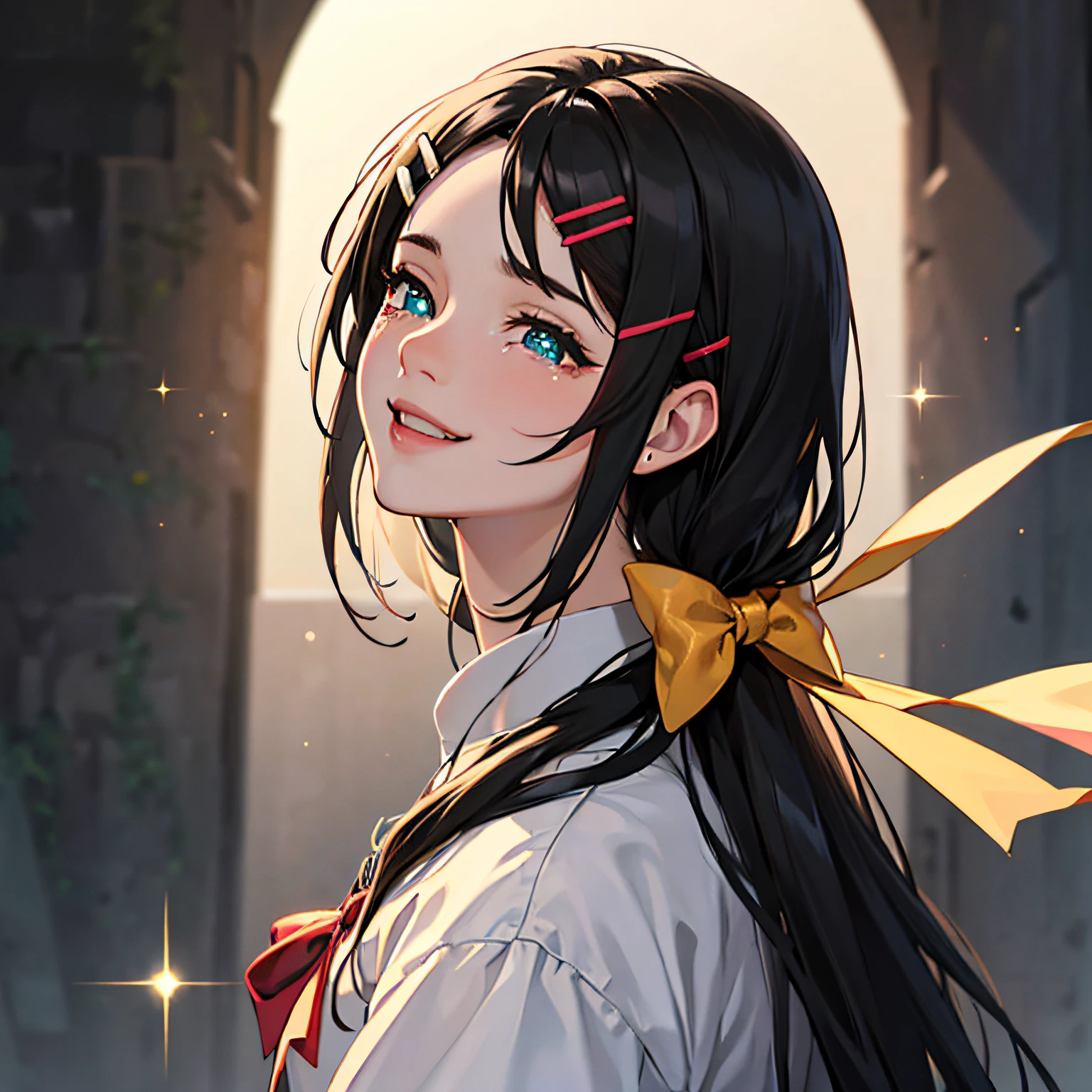 black hair, hair over shoulder, long hair, big hair, shiny hair, hairclip, hair bow, happy tears, pupils sparkling, smile, bright pupils, anime style, cinematic lighting, god rays, UHD, masterpiece, high details, 16k --auto