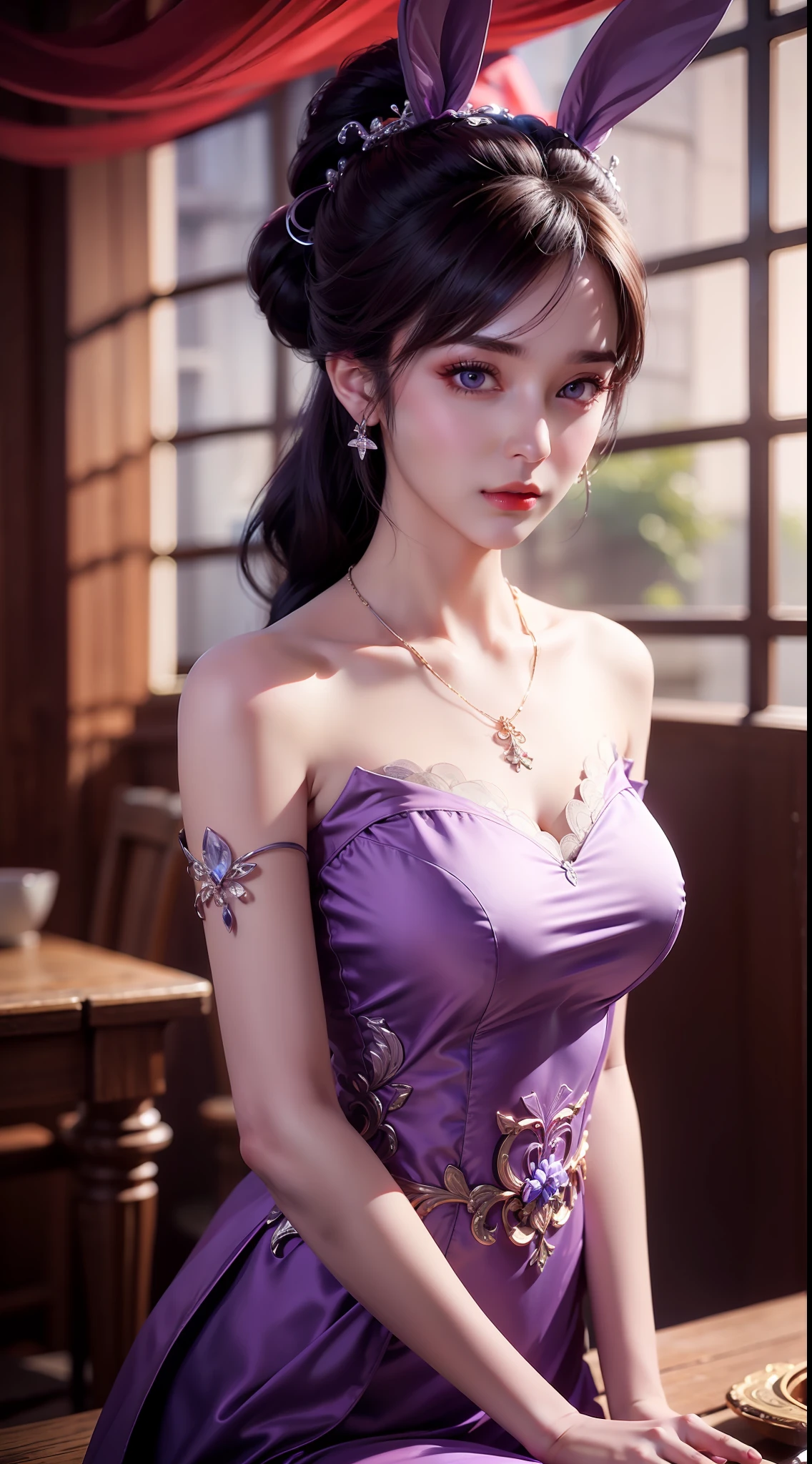 1 beautiful girl in Han costume, thin purple silk shirt with white color with many textures, white lace top, long platinum purple ponytail, hair jewelry, ear jewelry, light purple rabbit ears, necklace and necklace, meticulously drawn large purple eyes, meticulous makeup, thin eyebrows, high nose, lovely red lips, not smiling, pursed lips, rosy cheeks, wide breasts, big breasts , well-proportioned bust, slim waist, purple mesh socks, chinese hanfu style, fictitious art textures, vivid and realistic colors, RAW photos, realistic photos, ultra high quality 8k surreal photos, (effective fantasy light effect: 1.8), 10x pixel, magic effect (background): 1.8), super detailed eyes, girl body portrait, ancient hanfu background,