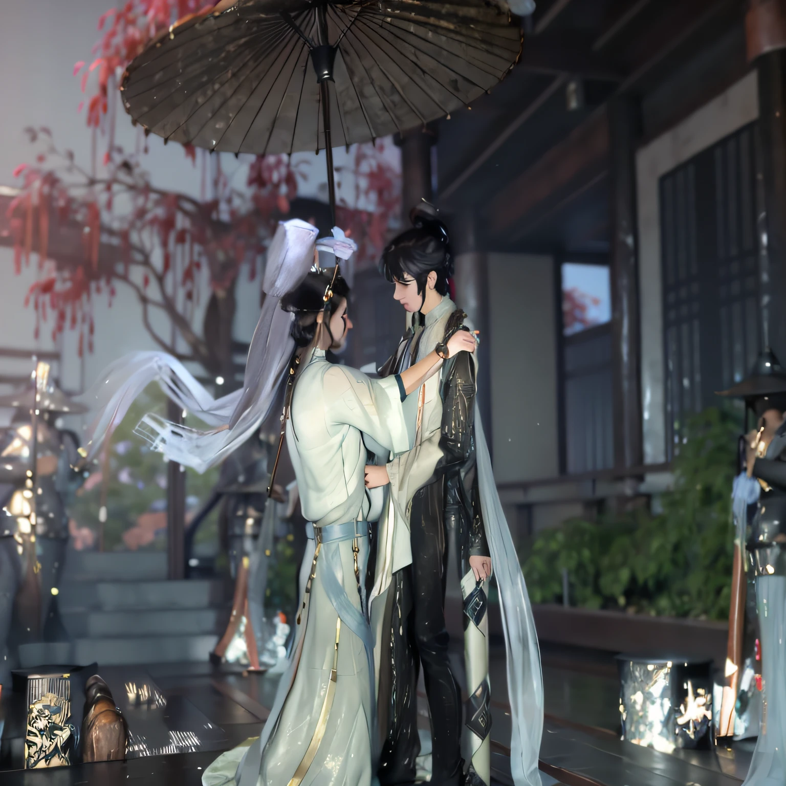 anime characters dressed in traditional japanese clothing walking in the rain, full-body wuxia, wearing a long flowing robe, flowing white robe, wearing kimono armour, pale and coloured kimono, elegant cinematic pose, yiqiang and shurakrgt, White Hanfu, wearing kimono armour, floating robes, Wuxia, nixeu and sakimichan, wearing white robes with! --auto