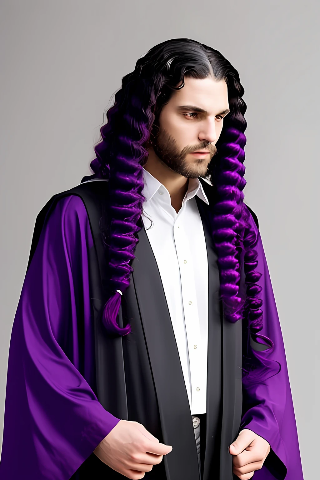 The black-robed man has long purple hair