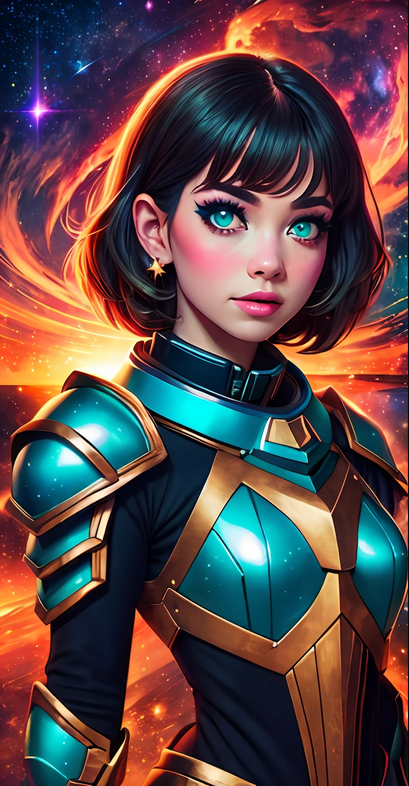 girl, wildly short hair, dark fantasy, warm turquoise color, armor, standing, space nebula background, stars, galaxies, masterpiece, juicy contrast, cheerful mood, pro CGI dvArch Modern, 85 mm, f1.8, portrait of a, photo-realistic, A hyper-realistic, orange, Ultra-detailed, intricate, dramatic, Sunset lighting, eye shadow, wide dynamic range