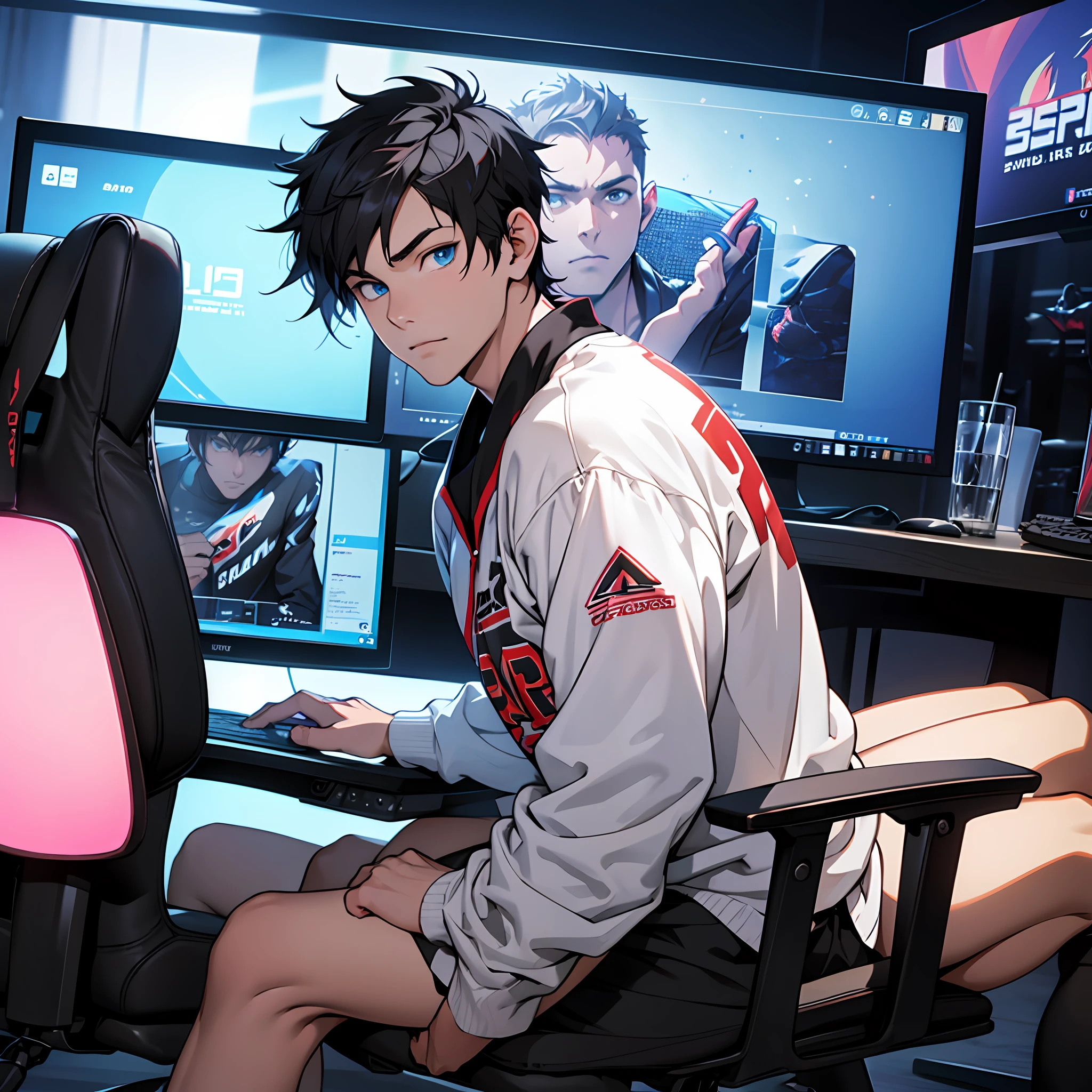 Best quality: 1.0), (Super High Resolution: 1.0), Anime boy, short black hair, blue eyes, sitting in front of computer playing games, background in esports room, --auto