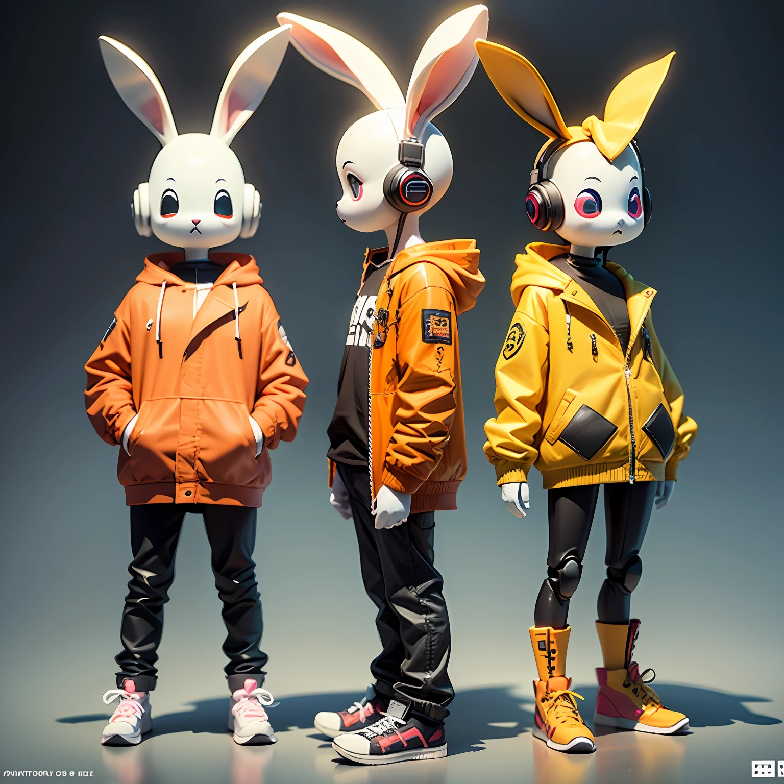 there is a white bunny with headphones on and a blue background, cute 3 d render, vinyl toy figurine, cute anthropomorphic bunny, edgBunny_Character, electrixbunny, Orange coat, vinyl designer toy, toon render keyshot, vinyl action figure, high res render, 3 d render stylized, rabbit robot，Cool，sci-fy，Young --auto