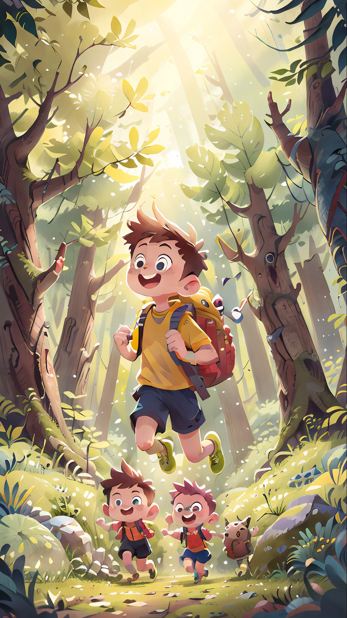 Poster design,(sfw),Two running boys,Spring outing,cheerfulness,Carrying a rucksack,The background is forest,Perfect quality,Clear focus,extremely colorful,s the perfect face,Complicated details,ultra-low perspective,wide wide shot,whitestocking,rays of sunshine