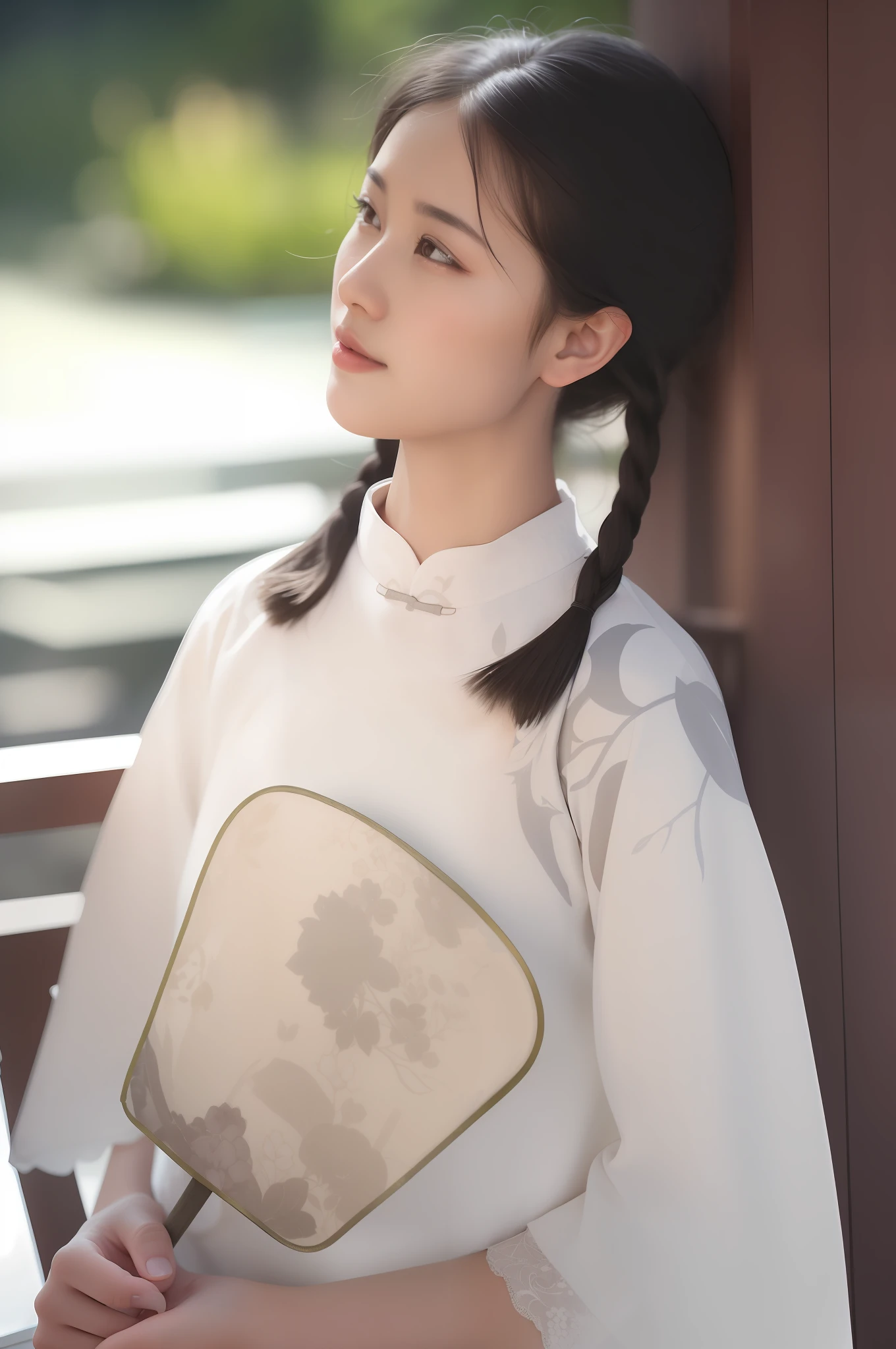 there is a woman that is holding a fan in her hand, palace ， A girl in Hanfu, Traditional Chinese clothing, White Hanfu, Wearing ancient Chinese clothes, with acient chinese clothes, Hanfu, with ancient chinese aesthetic, Chinese traditional, Inspired by Qiu Ying, inspired by Zhan Ziqian, Inspired by Tang Yifen