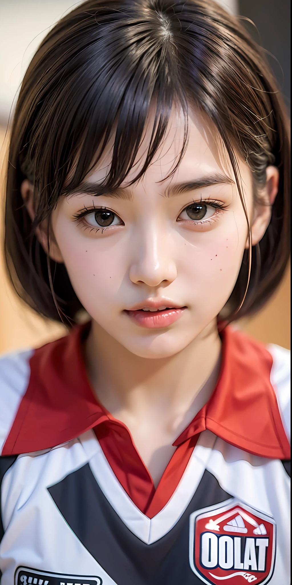 masterpiece、Top image quality、Detailed eyebrows、A detailed eye、Detailed nose、Detailed mouth、Beautiful fece、Bewitching、1人の女性、Shorthair、Too beautiful volleyball player、Red and white short-sleeved volleyball uniform、Adidas、Colossal tits、Valley、Emphasize the valley、Japan、Gymnasium、full body Esbian、Photos during the match