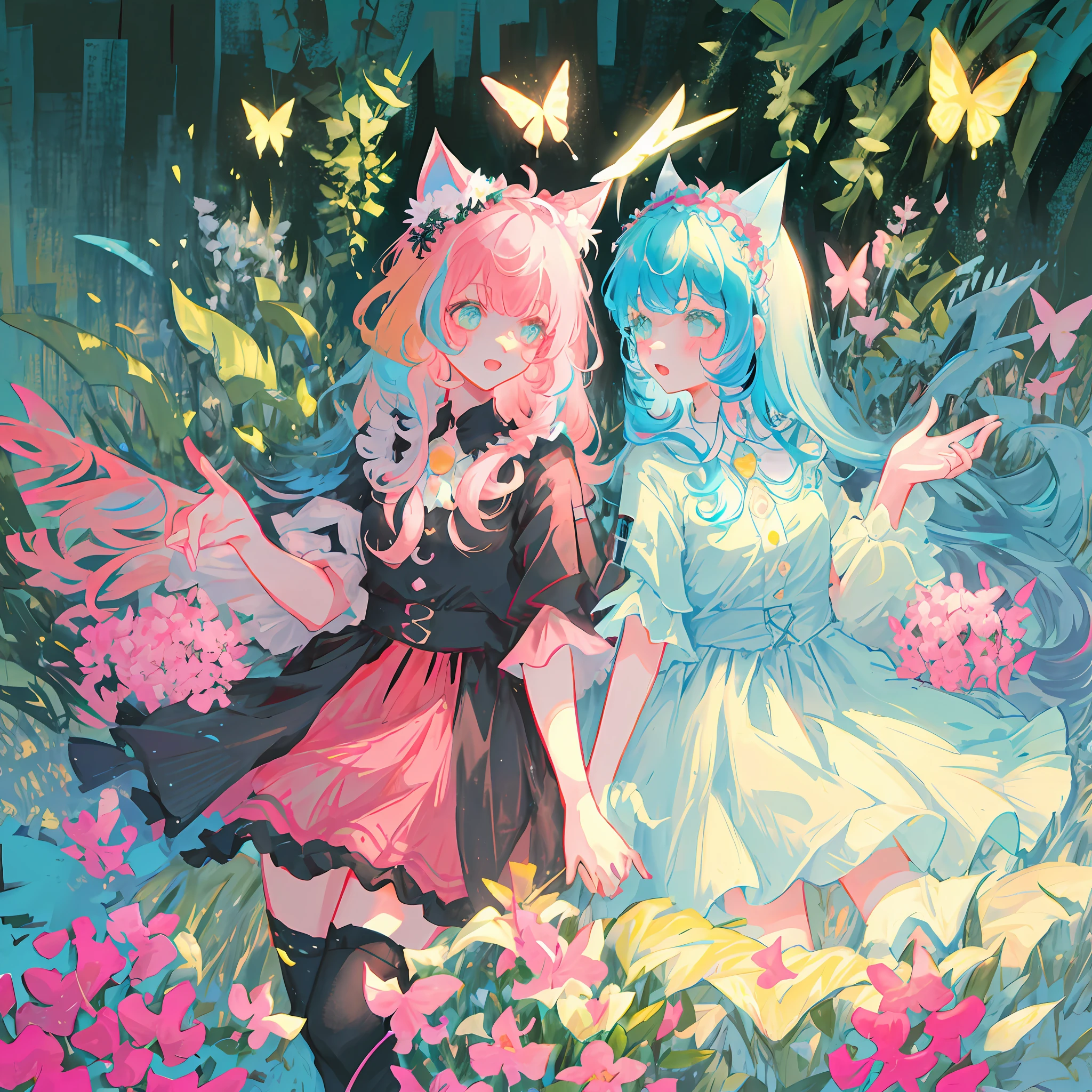 A meadow({multicolour_Hair+Light blue hair:1.8+Pink hair:0.2+Cyan hair 0.3})Beast-eared li,White fat meow-style makeup,Tiny cute,Colorful falls,Butterflies flutter，white stockings，Butterfly flower headdress