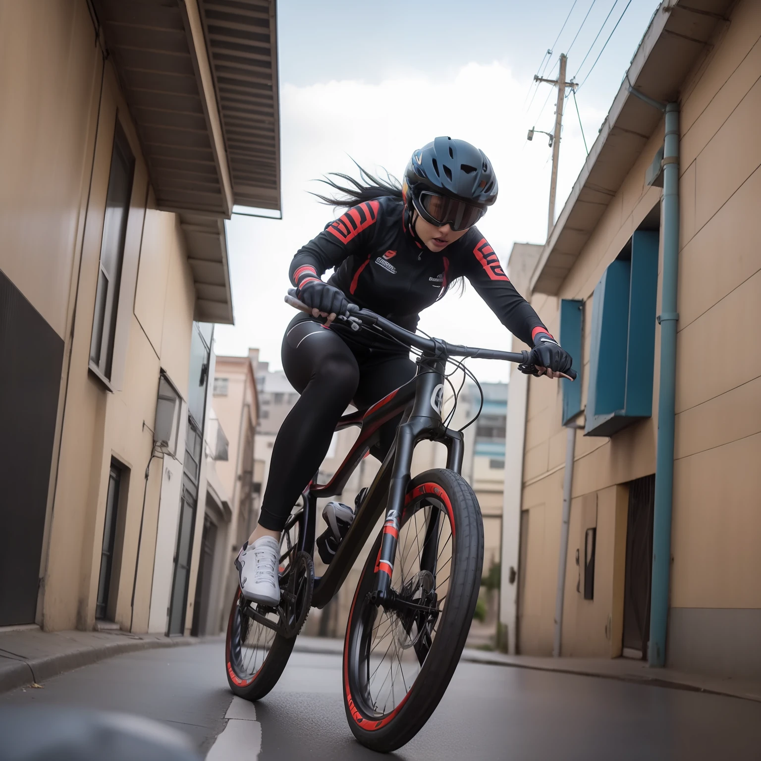 esporte radical, bike pulando com pessoa em cima, estilo cyber punk, com capacete cyber, com roupa cyber punk, Rua, realista, melhor qualidade, Altas, Woman on bike jumping a sidewalk, bike de lado, bicicleta de lado com mulher de lado realista