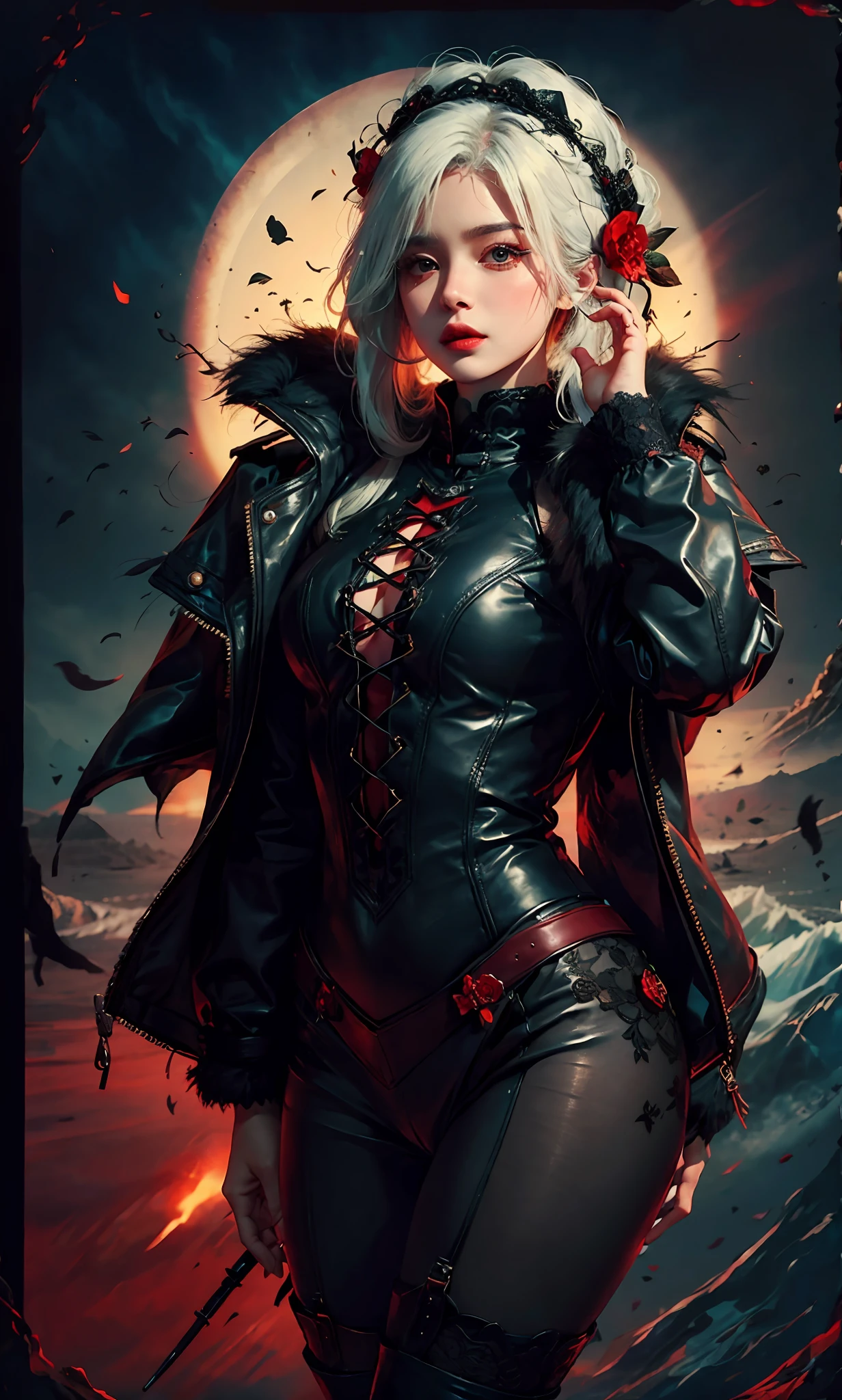 1girll，White color hair，Various hairstyles，Wear a black flower on your head，beauitful face，crisp breasts，Convex buttocks，Wearing a black gauze tights，Wear a black wristband，Black lace-up heels，Wearing a black military uniform overcoat，The inside of the coat is red，perfectly proportioned, Cinematic lighting, filmgrain, Fujicolor, lightand shade contrast, 8K, 巨作, Textured skin, Super detail, high detal, High quality, A high resolution,