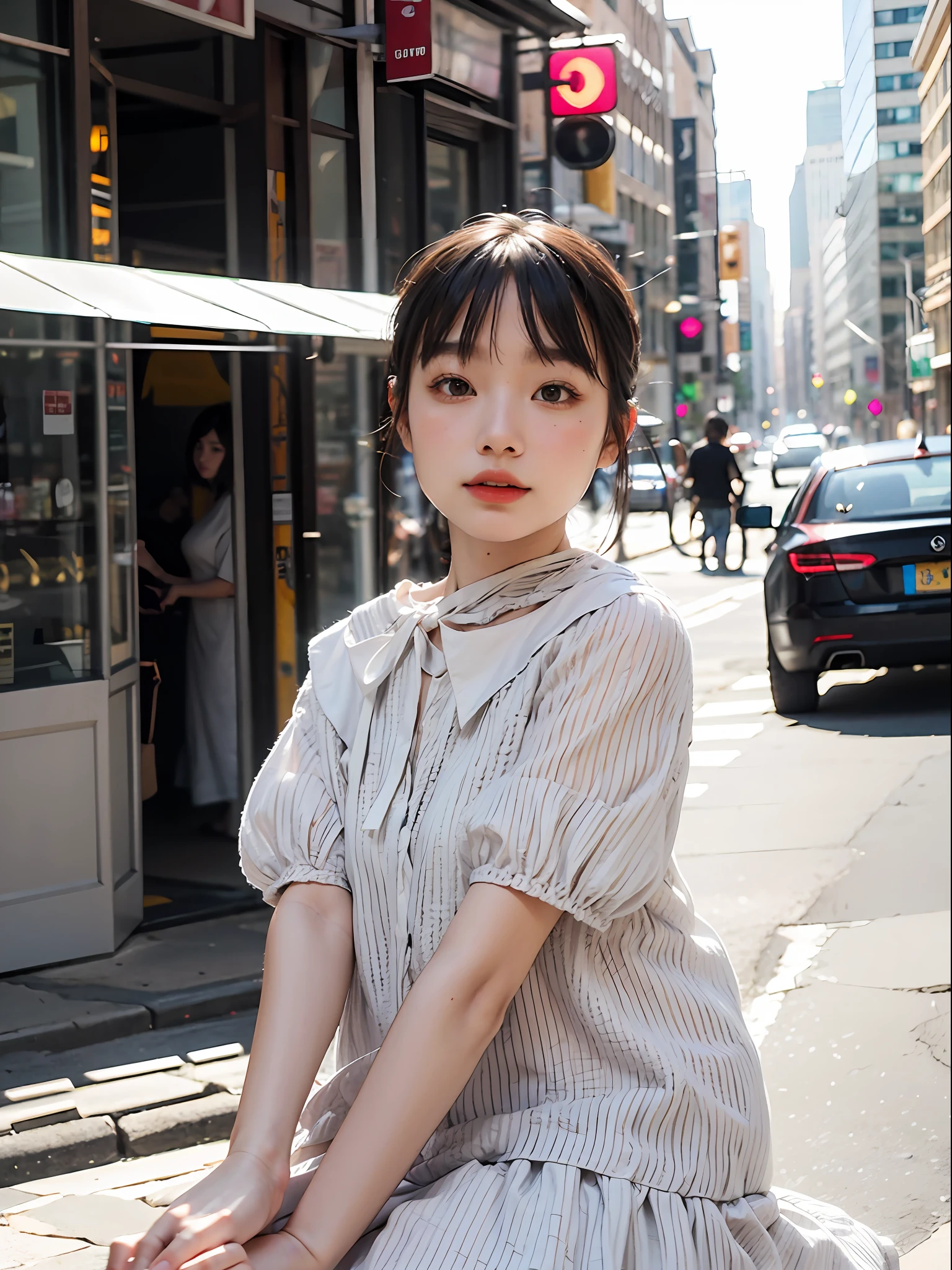 Beautiful woman, fiddling with cell phone in the middle of the street, short clothes