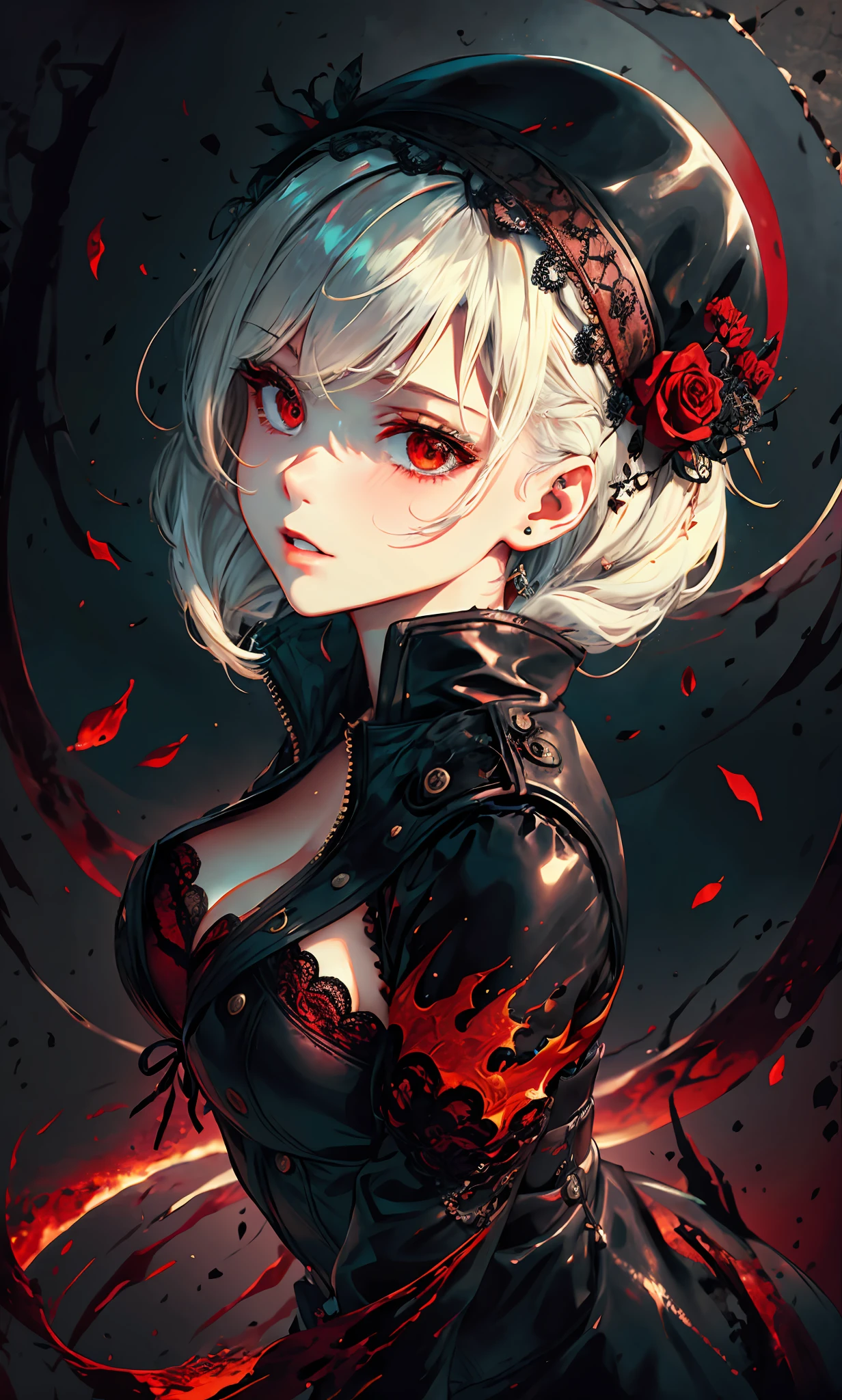 1girll,White color hair,Various hairstyles,Wear a black flower on your head,beauitful face,crisp breasts,Convex buttocks,Wearing a black gauze tights,Wear a black wristband,Black lace-up heels,Wearing a black military uniform overcoat,The inside of the coat is red,perfectly proportioned, Cinematic lighting, filmgrain, Fujicolor, lightand shade contrast, 8K, 巨作, Textured skin, Super detail, high detal, High quality, A high resolution,
