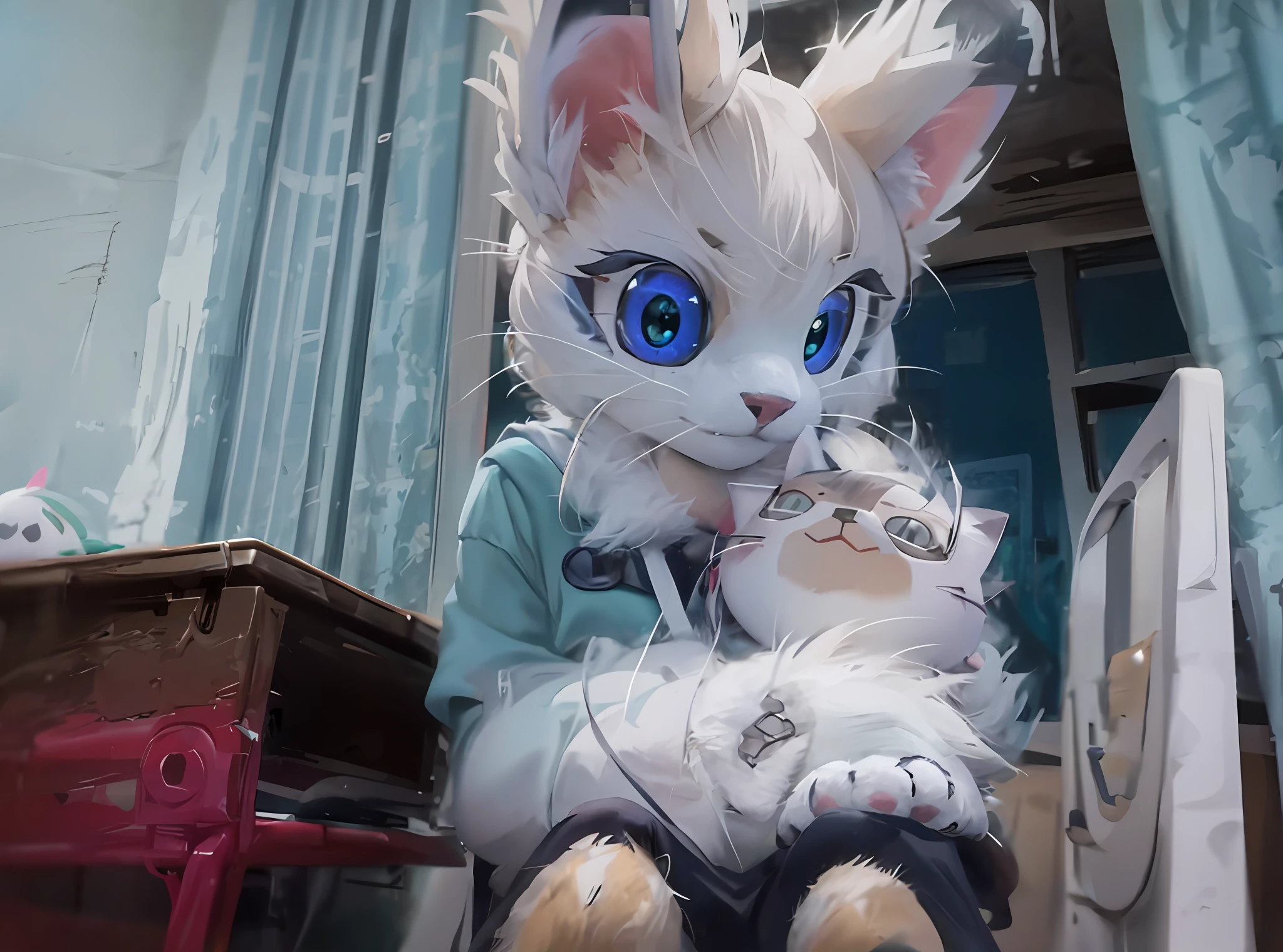 Alafi sat in his chair，There is a stuffed toy in front of the window, cat furry, fur set, furry paws furry, furry anime, Furry character, Fully robotic!! cat, fur set!!!!, furry fursona, Fully robotic!! Cat woman, cute furry needs your help, realistic cloth puppet, plushies, realistic anime cat, POV furry art，Wearing black silk，Chest bulge