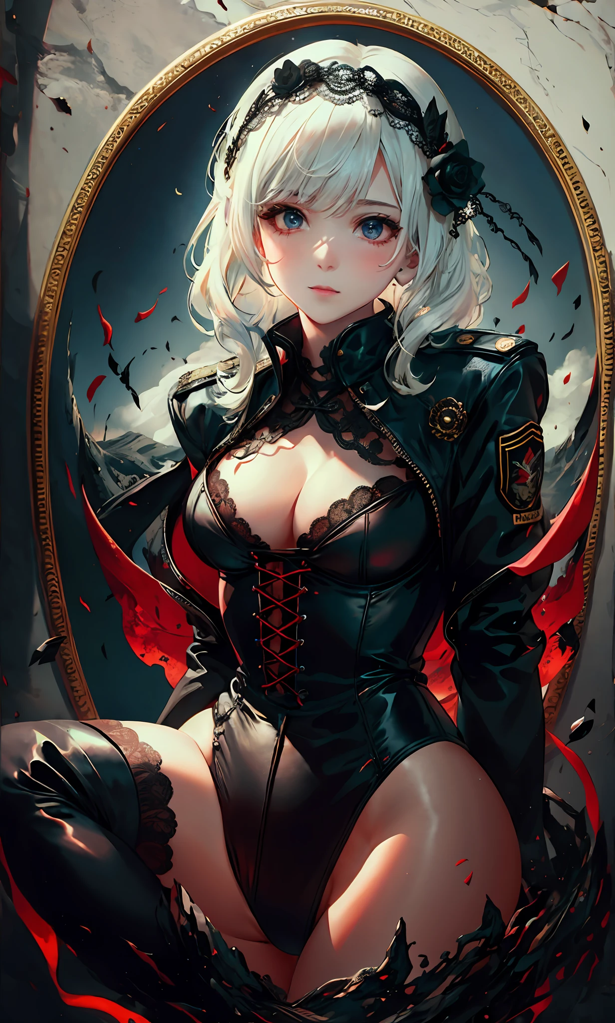 1girll，White color hair，Various hairstyles，Wear a black flower on your head，beauitful face，crisp breasts，Convex buttocks，Wearing a black gauze tights，Wear a black wristband，Black lace-up heels，Wearing a black military uniform overcoat，The inside of the coat is red，perfectly proportioned, Cinematic lighting, filmgrain, Fujicolor, lightand shade contrast, 8K, 巨作, Textured skin, Super detail, high detal, High quality, A high resolution,