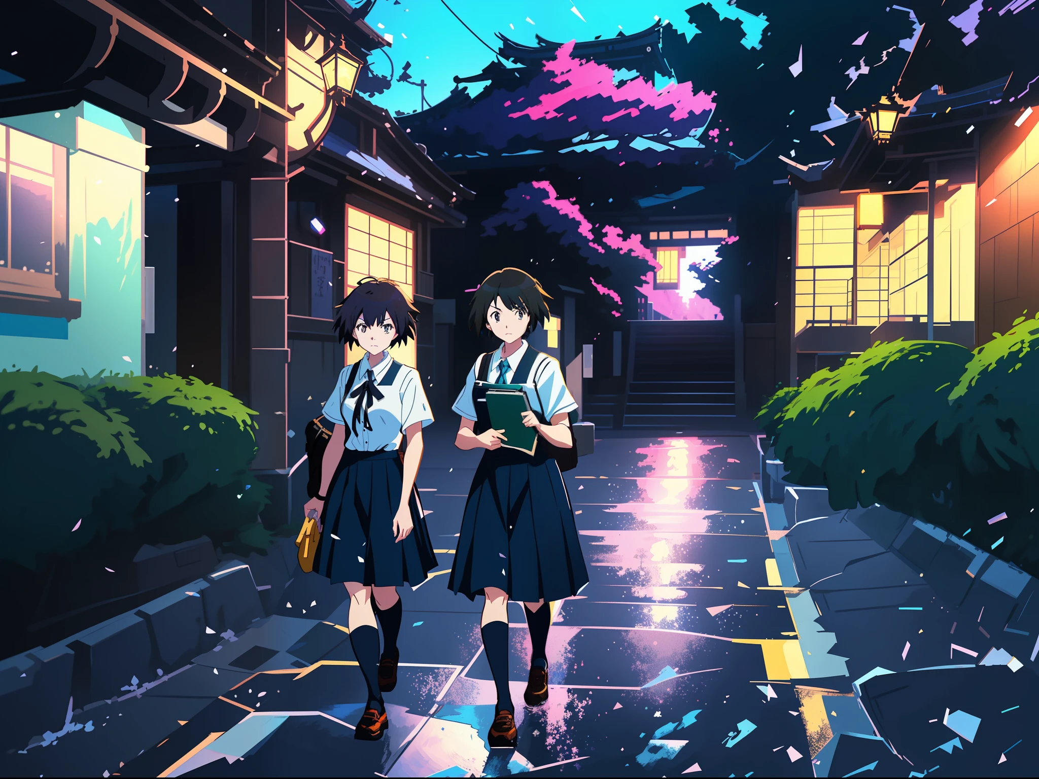 two women in school uniforms walking down a sidewalk in front of a building, in the style of makoto shinkai, Guweiz e Makoto Shinkai, ( ( Makoto Shinkai ) ), studio glibly makoto shinkai, Makoto Shinkai's style, in style of kyoto animation, Guviz-style artwork