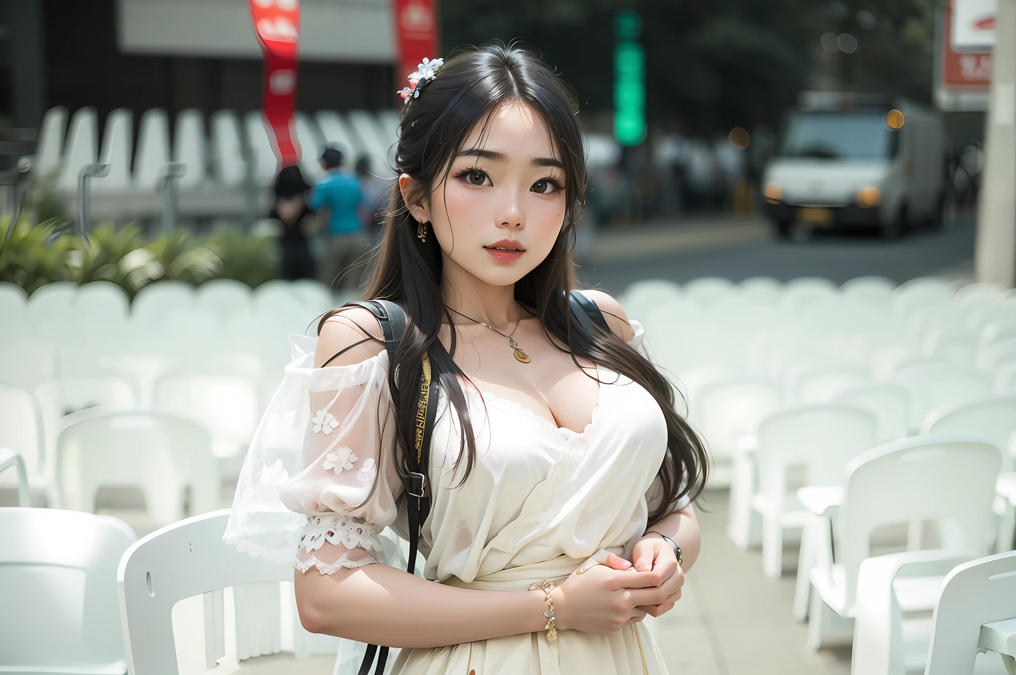 there is a woman standing in a white dress in a room full of white chairs, linda mulher coreana jovem, mulher coreana jovem bonita, Mulher sul-coreana bonita, menina coreana, Beautiful Asian girl, Mulher coreana, a young asian woman, Beautiful Asian woman, Menina chinesa, young asian girl, an Asian woman, Asian girl, uma mulher bonita no branco, young asian woman