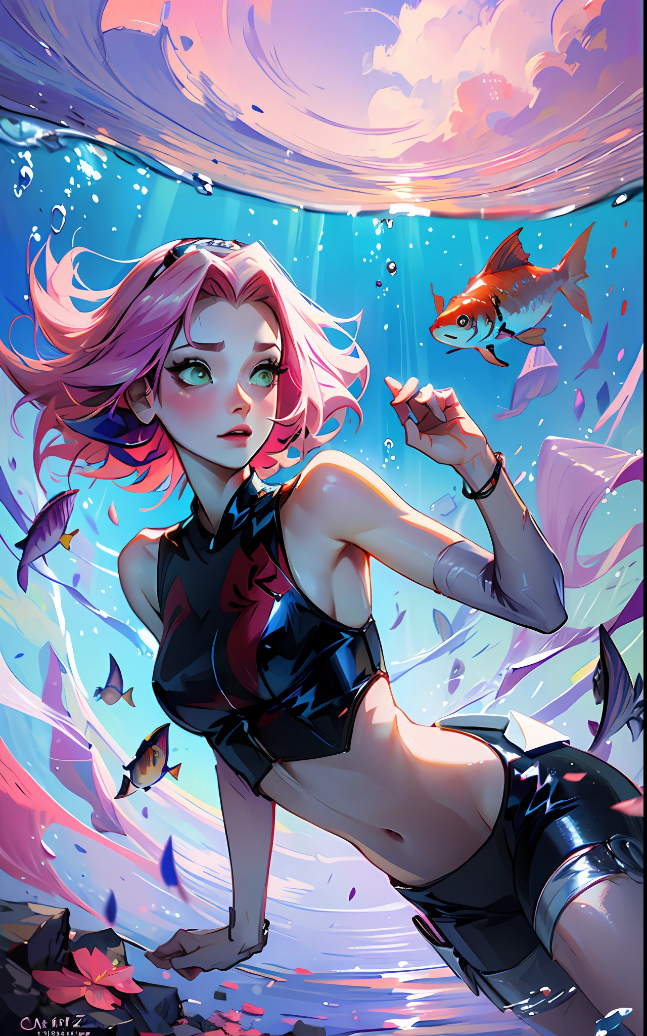 Sakura, (pele brilhante, corpo brilhante, pele brilhante e oleosa, cabelos brilhantes, pale skin tone), Sundown, atraente, adulto, One, brincos, don't look at the sight , Not looking at the view, cabelos rosa, cabelo curto, rosto detalhado perfeito, perfect detailed hands, olhos azuis cinzentos, sereia, up to, orelhas de sereia, ((Usado)), sorrir, March Marchinhos ornaments, ((in the water)), peito aberto, (Cauda da Sereia), sem pernas, ((diving underwater)),corpo inteiro, low water, majo, delicado, water, Peixes, Marz, sereia
