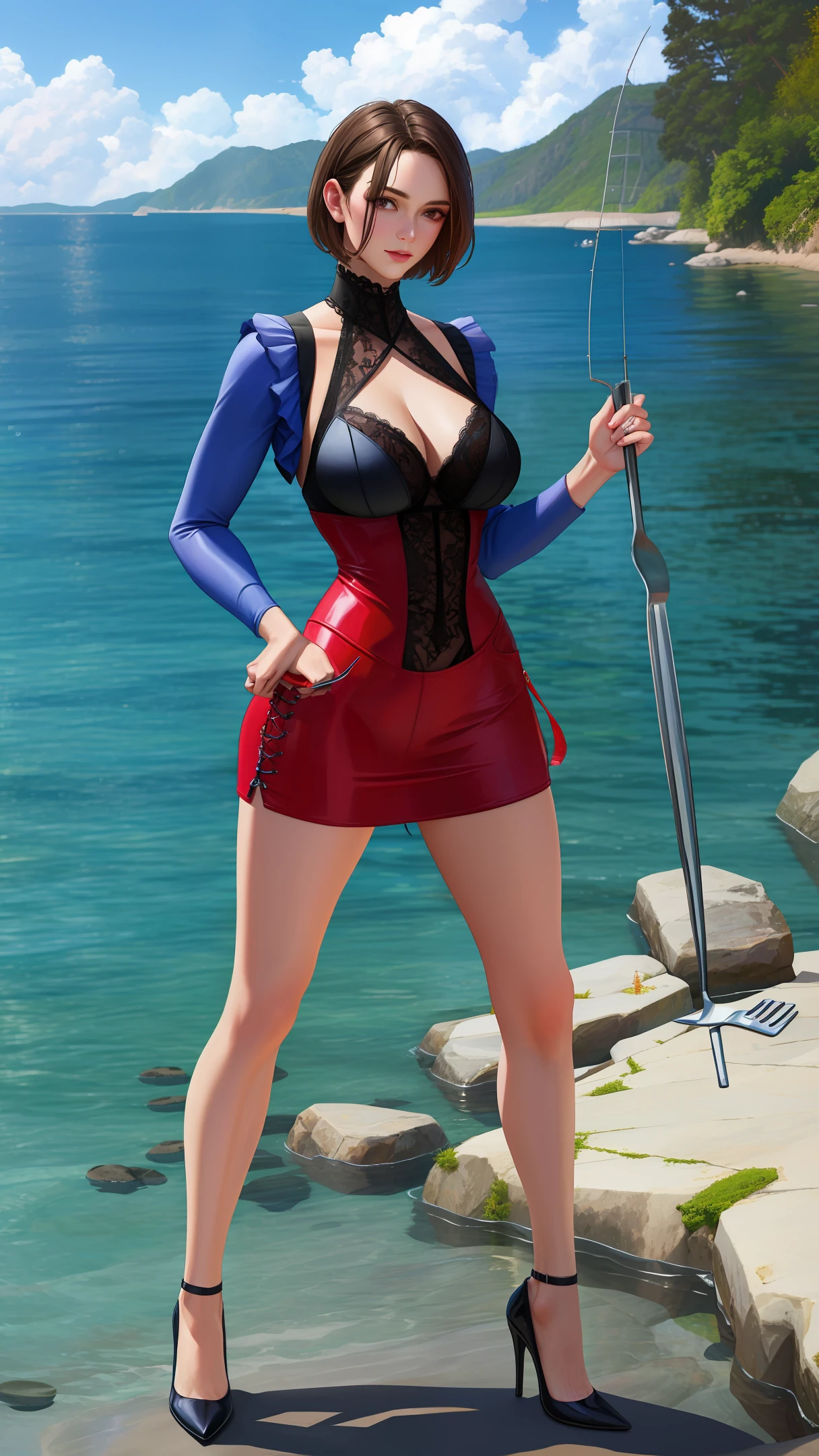 Fishing, fishing, short hair, tight lace, translucent, high forks, bumps, long legs, high heels, realistic real people