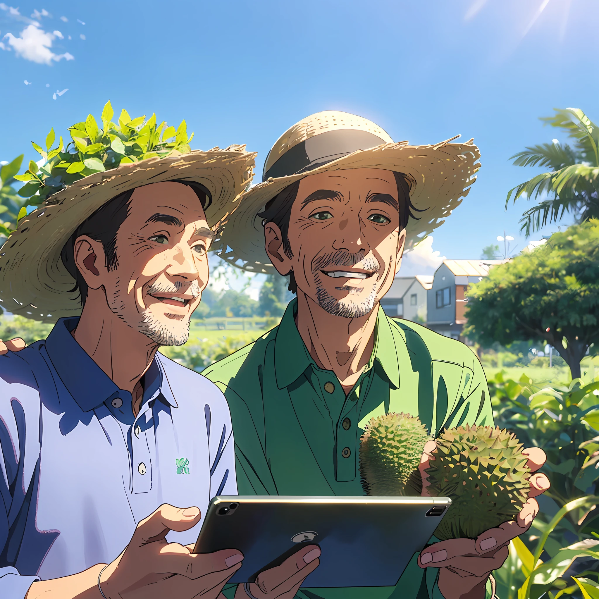 handsome farmer uncle holding an iPad in  durian garden, beautiful scenery, clear picture quality, blue sky, ((wearing green polo)), ((wearing black cap)), (happy face), farmer uncle and his family in garden, happiness,