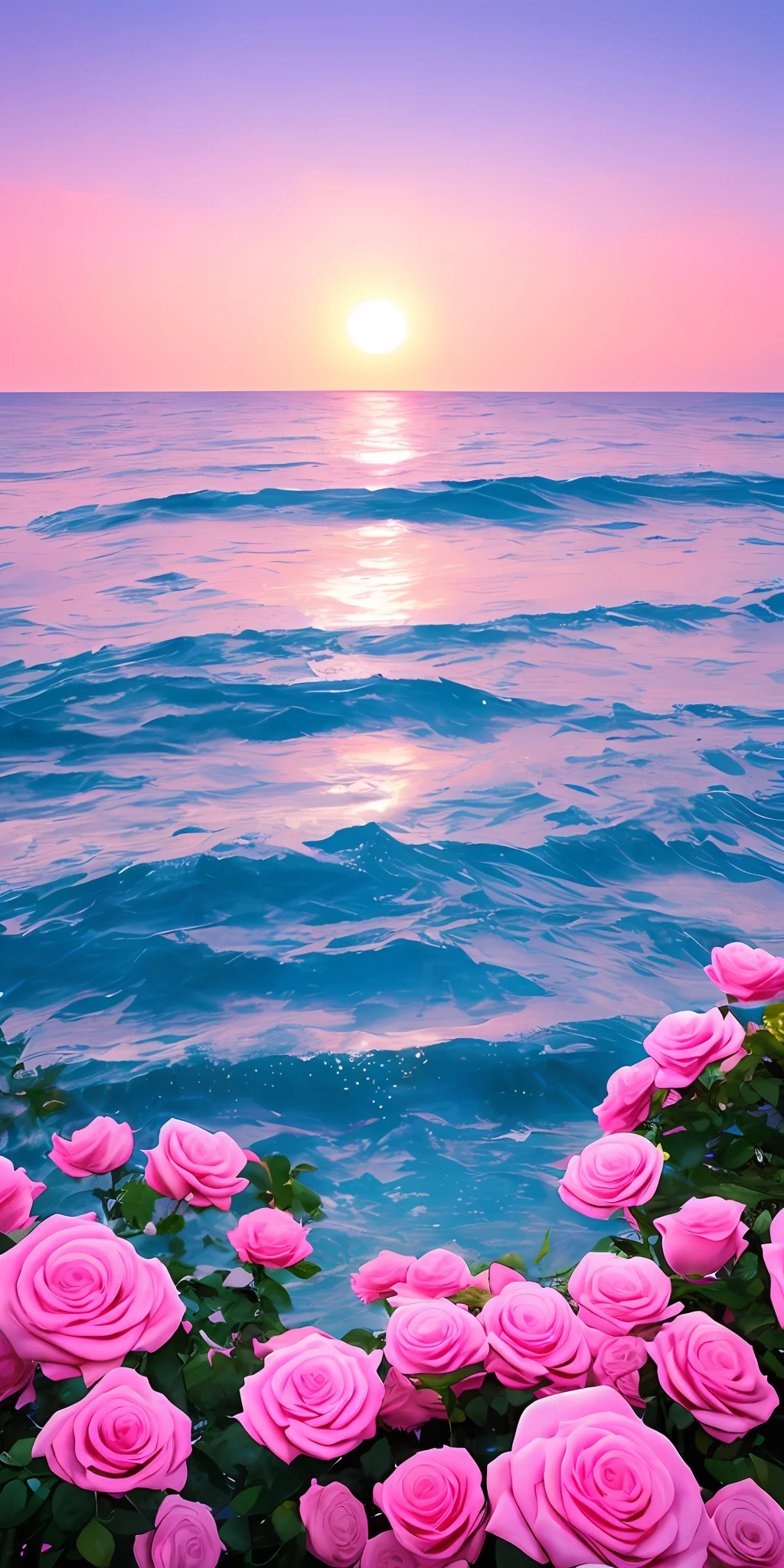 Pink moon, pink sky, soft pink clouds, pink ocean waves sparkling, sparkling, pink roses on pink ocean, fantasy, diamond, crown, universe, soft lights,