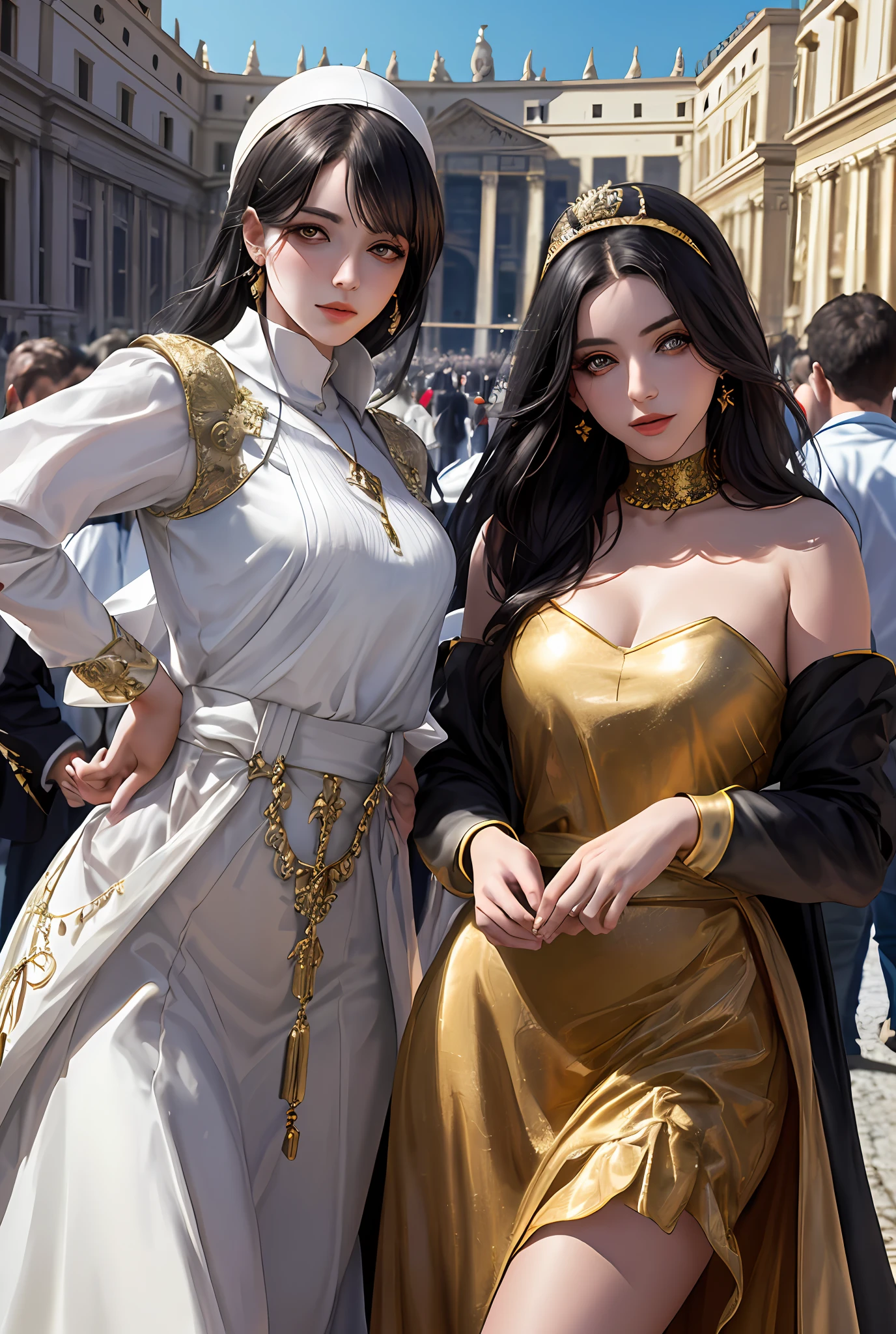 (巨作, Best quality, Realistic),
2girls,duo,(on the St. Peter's Square of Vatican,crowd of), sankta. Peter's Square of Vatican background,gypsy dress,(Princess Eyes,shiny pupils),Dancing,  Gold, banquet, crowd of, picking up skirt,
[Slight smile],