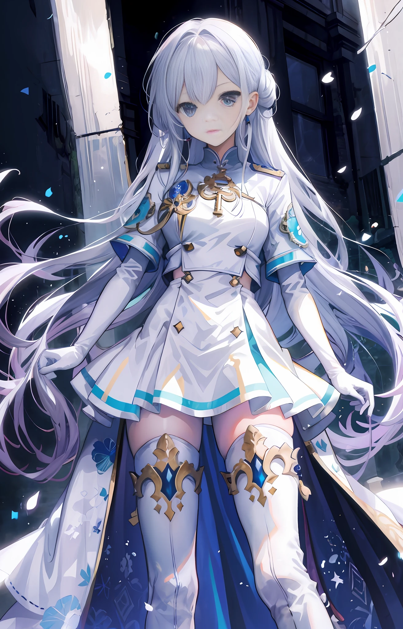 (best qualtiy:1.2),(White elbow long gloves),white long gloves,White uniform,White suspender thigh boots,long white hair,Blue pupil,shortsleeves,white sash,White leg rings,ornate decoration,White high-heeled thigh boots,beatiful background,One in a white dress,Woman with long hair standing in front of a building, Portrait Chevaliers du Zodiaque Fille, Detailed key anime art, white-haired god, Anime goddess, Epic light novel art cover, Kushatt Krenz Key Art Women, high detailed official artwork, cute anime waifu in a nice dress, light novel cover art, Keqing from Genshin Impact