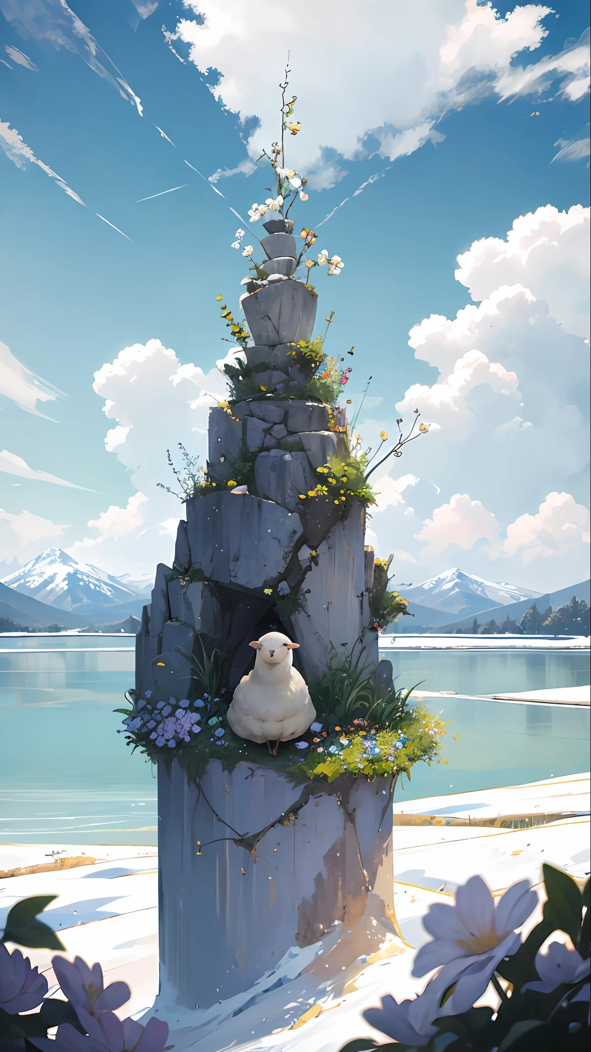 Summer, meadows, a few small flowers, clear lakes, sheep, heaven, large clouds, blue sky, hot weather, HD detail, hyper-detail, cinematic, surrealism, soft light, deep field focus bokeh, distant vistas are snowy mountains, ray tracing, and surrealism. --v6