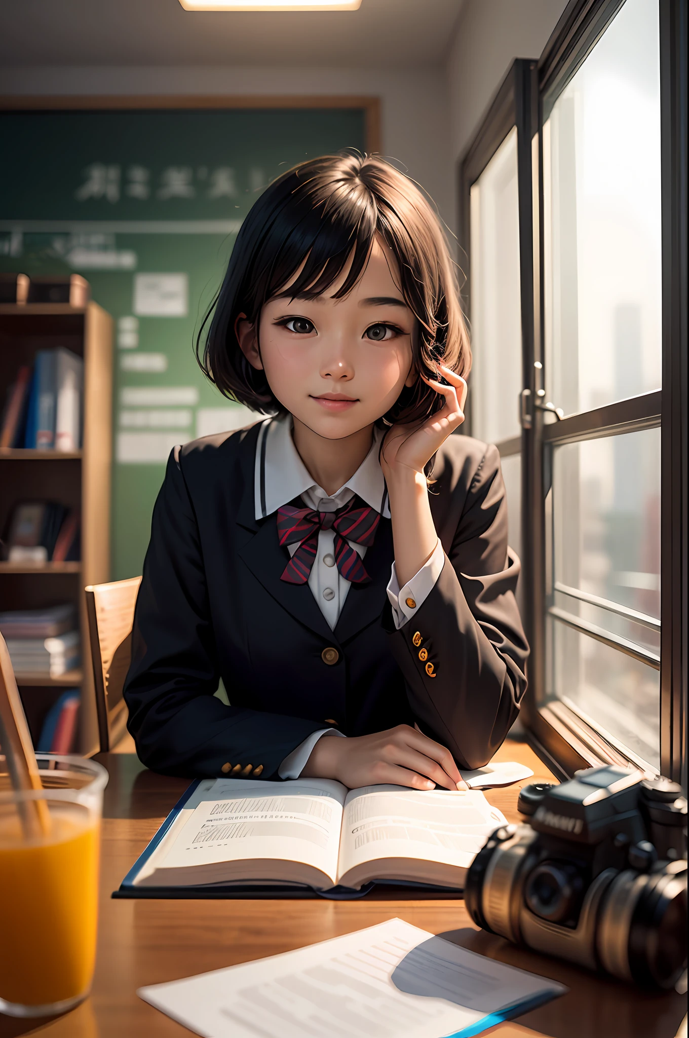 At home, Study at your desk, short detailed hair, Primary school student wearing Shenzhen school uniform, ssmile, looking at viewert, 35mm, filmgrain, Cinematic lighting, surrealism, Super detail, High details, Best quality, A high resolution